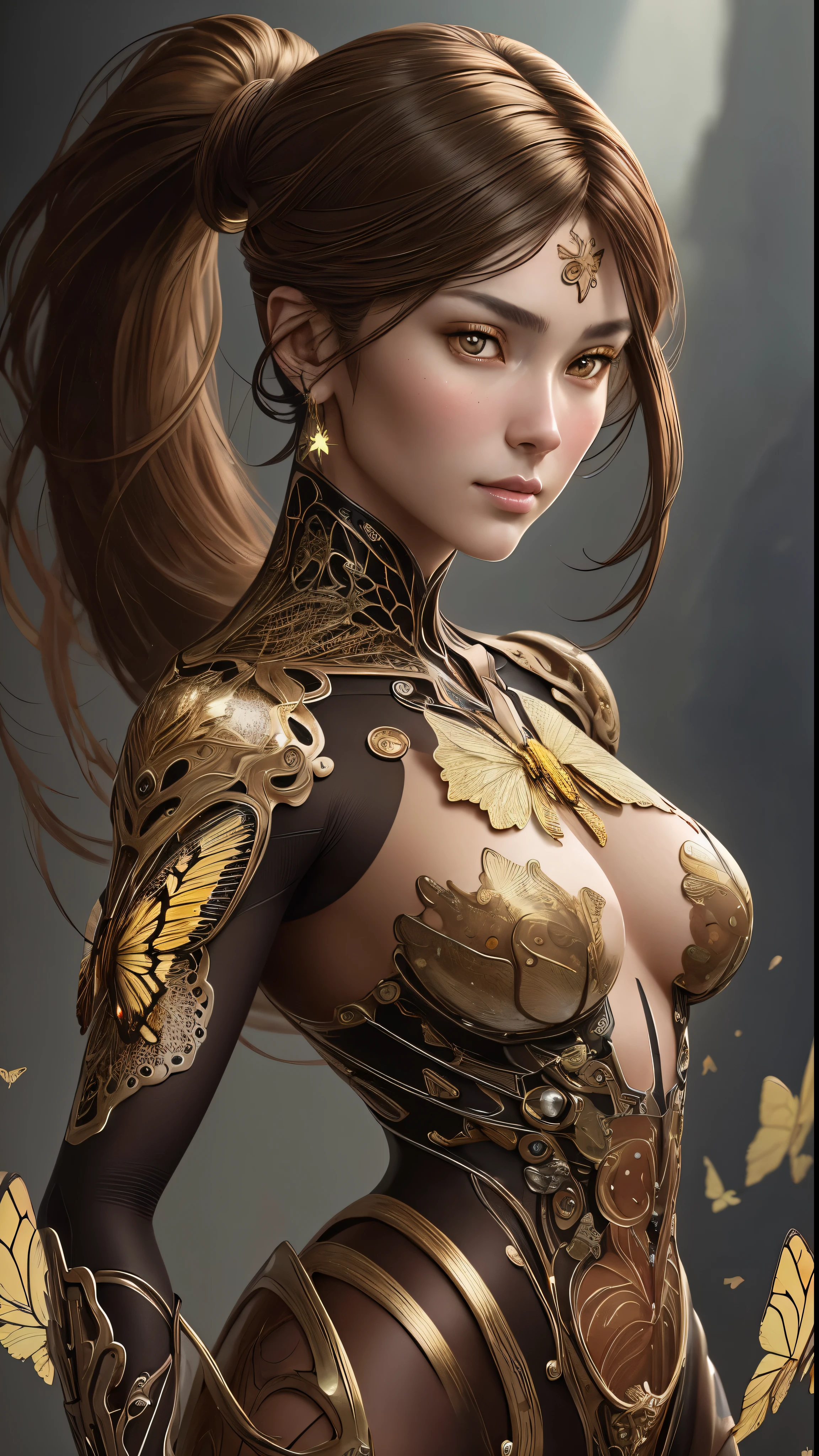 8k portrait of beautiful cyborg with brown hair, Complex, elegant, very detailed, majestic, digital photography, art germ、Ruan Jia、greg rutkowskiによるアート、surrealist painting、gold butterfly filigree, Broken Glass Star Fragment, side light, detailed and beautiful eyes: 1.2), HDR, 