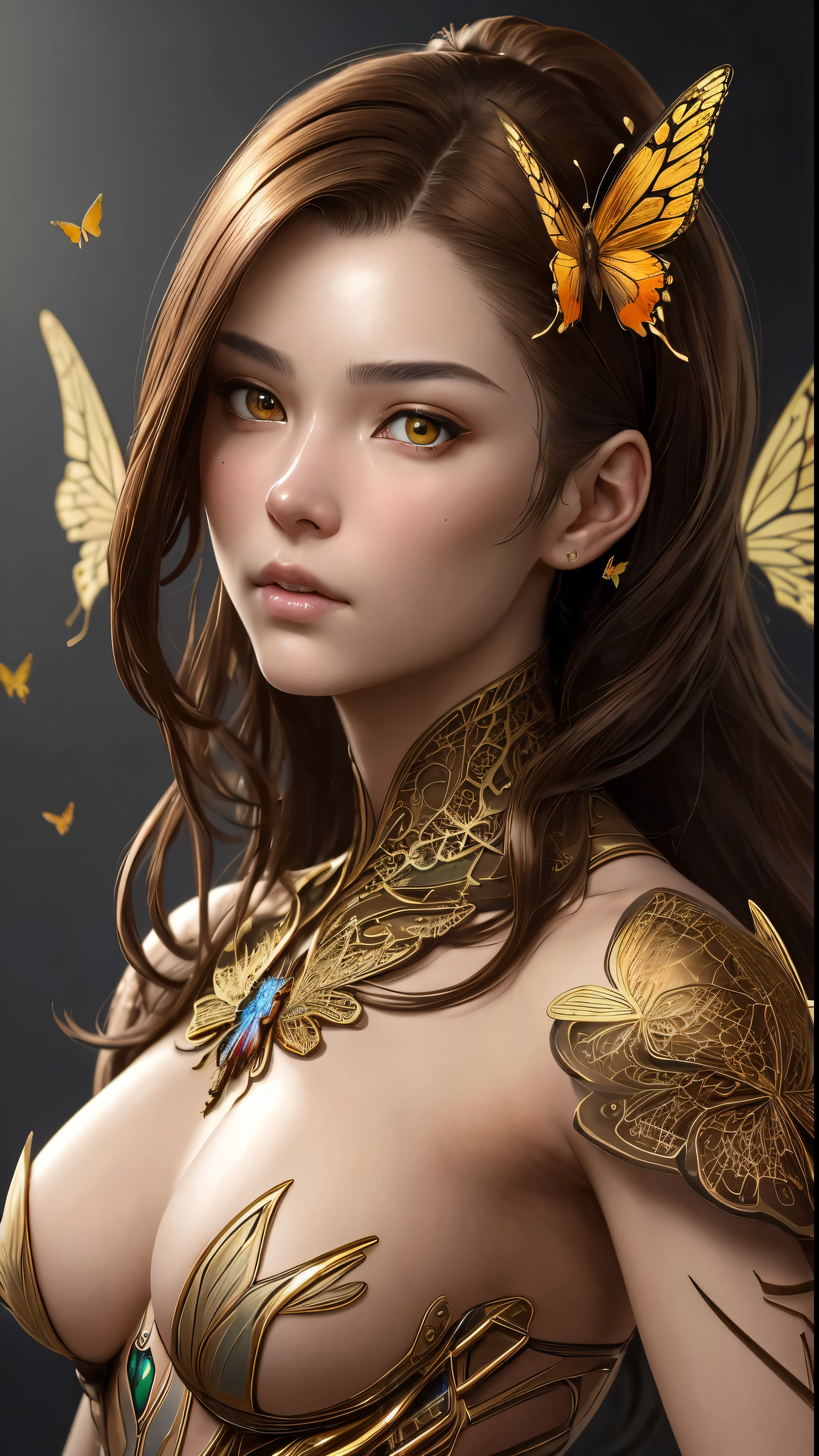 8k portrait of beautiful cyborg with brown hair, Complex, elegant, very detailed, majestic, digital photography, art germ、Ruan Jia、greg rutkowskiによるアート、surrealist painting、gold butterfly filigree, Broken Glass Star Fragment, side light, detailed and beautiful eyes: 1.2), HDR,