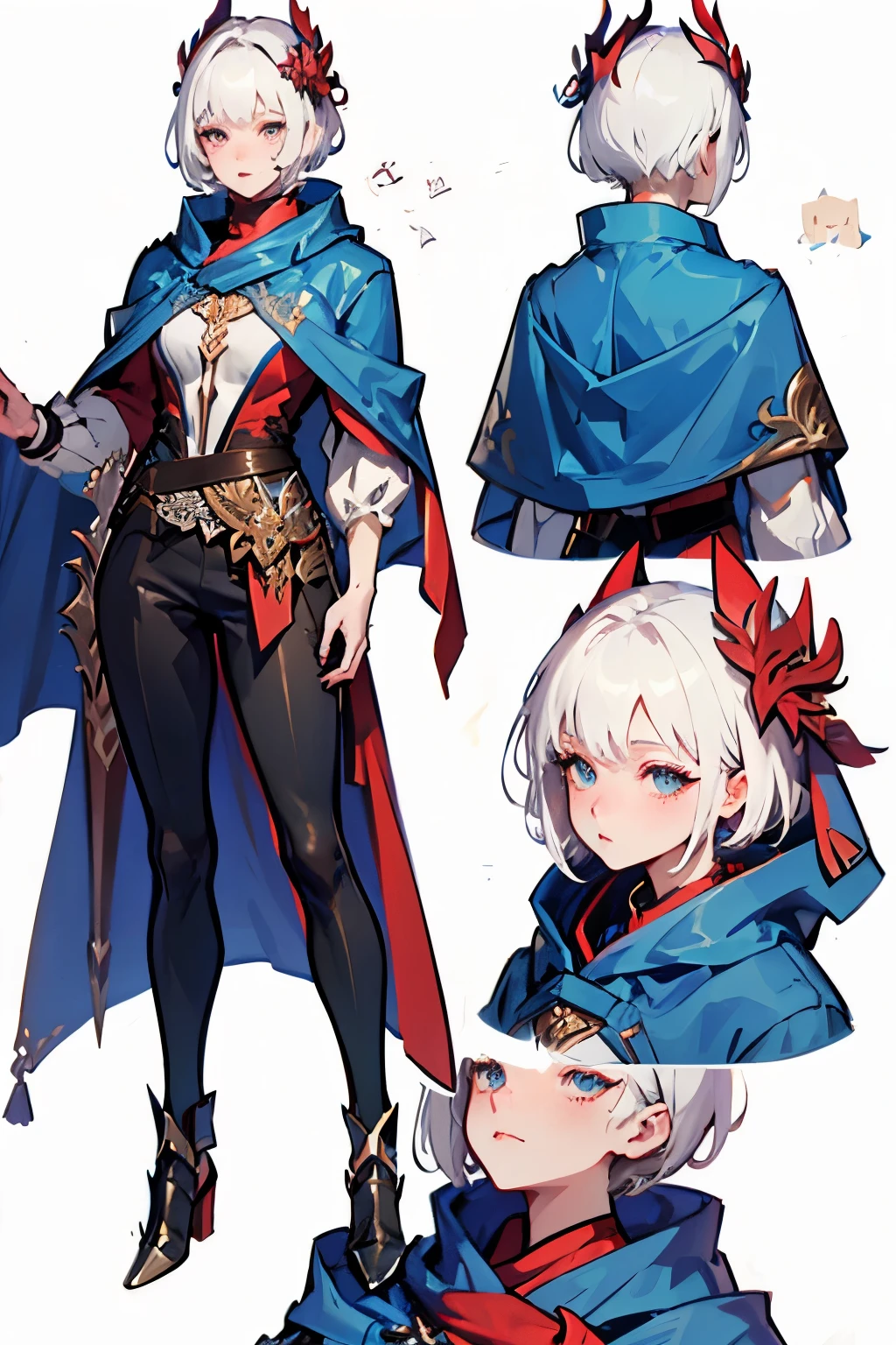((masterpiece)),(((best quality))),(character design sheet,same character,front,side,back),illustration,1 adult woman,(white hair), short haircut with bangs on one side,beautiful eyes, aristocrat, Environment change, pose too, magic, charturnbetalora, (simple background, white background: 1.3), clothing of a medieval battle (mage), blue cloak white bluse black pants