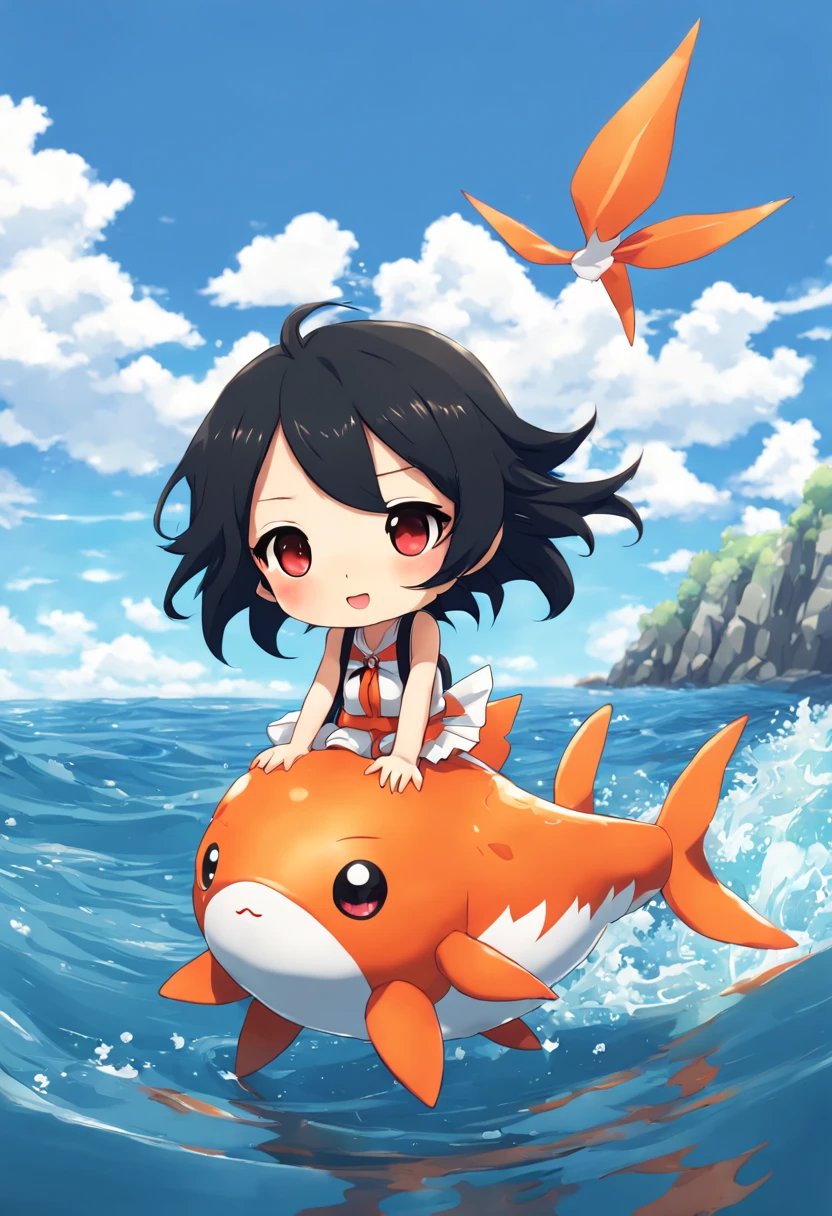 Anime chibi black hair girl, sitting on the back of a magikarp, at the sea