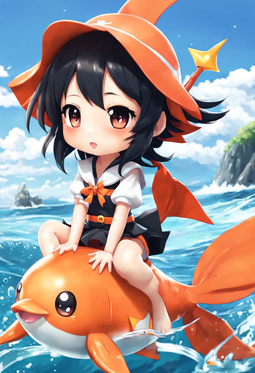 Anime chibi black hair girl, sitting on the back of a magikarp, at the sea