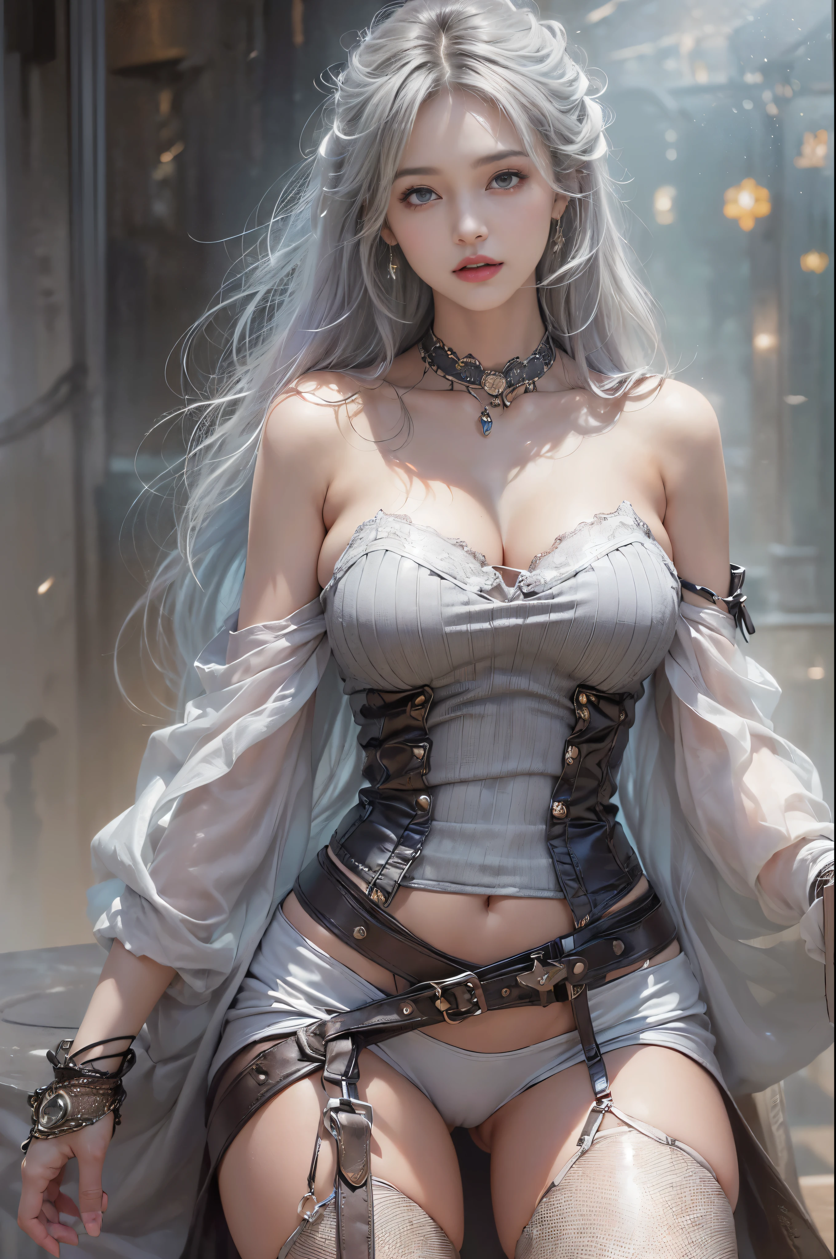 ((masterpiece:1.4)、(highest quality:1.4)、(realistic:1.7))、Written by Luis Royo（Written by Luis Royo）Surreal portrait of a beautiful girl、超beautiful girl、((1 girl:1.4))、Radiant natural skin texture、author：Written by Luis Royo（Written by Luis Royo）、19 years old、(upper arm:1.4、two legs:1.4)、(perfect anatomy:1.4)、(perfect female body:1.4)、girl portrait photography、close up photo、full body shot、((table top:1.4), (highest qualityの:1.4), (realistic:1.7), Written by Luis Royo, beautiful girl, 超beautiful girl, ((1 girl:1. 4), Radiant natural skin texture, author: Written by Luis Royo, 19 years old, (perfect female body: 1.4), (perfect female body: 1.) 4), girl portrait photography, close up photo, （full body photo）, fantasy art, soft front light, beautiful expression, cute face, beautiful breasts, big breasts: 1. 2, beautiful butt, fine eyes, Clear and eye-catching, beautiful and attractive, beautiful eyes, thin waist, RAW photo, red lips, ((gray hair, long hair)) , 1 screen display, ),((off-the-shoulder hand-knitted sweater))、((black tight skirt)）、 (sexy posture), (milky way in the sky),((T-back pants))、((black garter and garter belt))、(laughter)、((膣兰)）、((erection)）