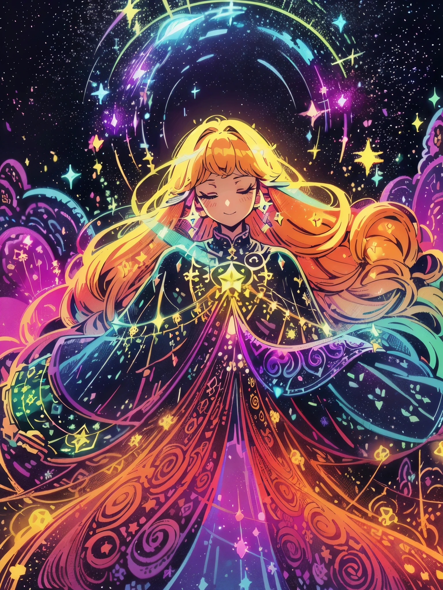 Beautiful girl in gradient medieval style dress, long sparkling golden red hair, colorful fantasy background, watercolor illustration, Disney art style, glowing aura around her, Glowing lights, Beautiful digital illustration, fantasy otherworldly landscape plants flowers, Beautiful, Masterpiece, Best quality, Disney style anime, eyelashes, side view, Crystal hair, Glowing hair, collared shirt, galaxy, Additional lighting, (Hair surrounded by galaxy splashes),))):((Her hair turns into galactic clouds,:1.27628), Moon in the night, hyperdetailed illustration, dynamic angle, Smiling dancer, Dance of life, transparent shawl, Delicate hair decorations, Elegant earrings, very detailed face, Vivid illustration of a woman with stars and curls, Retro psychedelic illustration, Psychedelic loose hair, anime girl with space hair, Multi-colored vector graphics, colorful illustration, in digital illustration style, colorful illustration, Psychedelic illustration, Psychedelic hair, Bright colorful comic book style, bizarre and psychedelic, lots of purple and orange, complex parts, volumetric lighting BREAK, Rich detail and color (The color of the rainbow: 1.2), (glow, atmospheric lighting), dreamy, magic, (solo: 1.2), Interference world, human features, Human, fantasy, Научная fantasy, Psychedelia, Существо излучает bright light, bright light, Black background, Mesmerizing presence, Enchanting radiance, Intricate Spells, Swirling energy, Mystical symbols, a surrealistic landscape, Majestic trees, Bright foliage, Moonlight, seeping through the branches, flickering lights, magical creatures, Enchanting melodies, Otherworldly whispers, Ethereal haze, Divinely powerful, Aura of darkness, enchanting beauty, Fascinating look, Magic Essence, Intoxicating Charm, femme fatale, Mythical realm, obsessively seductive