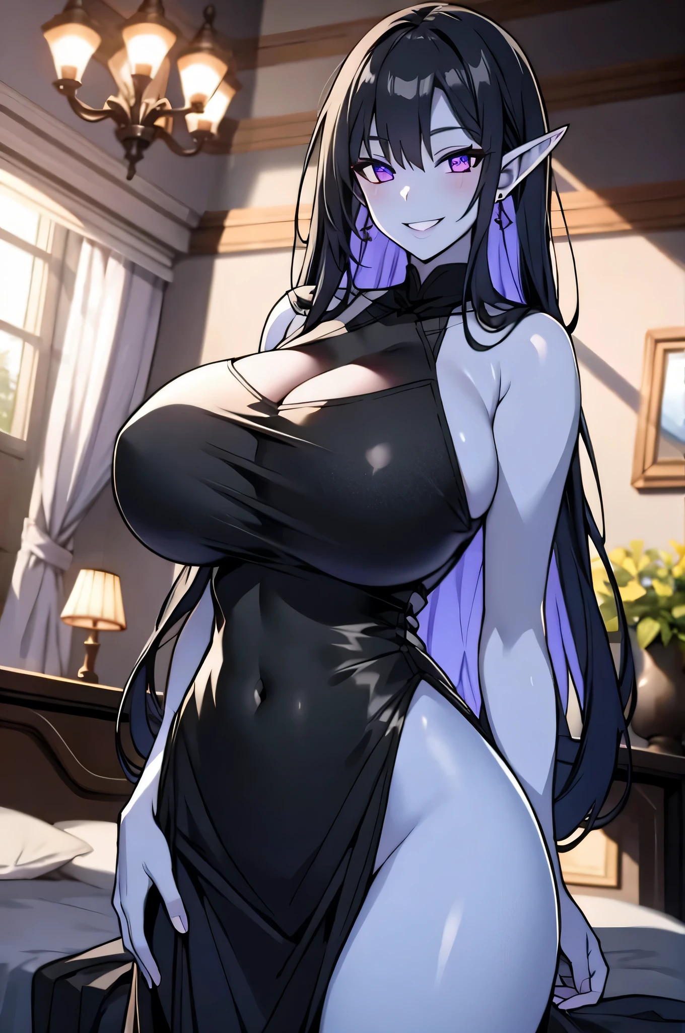 long black hair, blue skin, long elf ears, violet eyes, solo, smiling, standing, upper body, hips, gigantic breasts