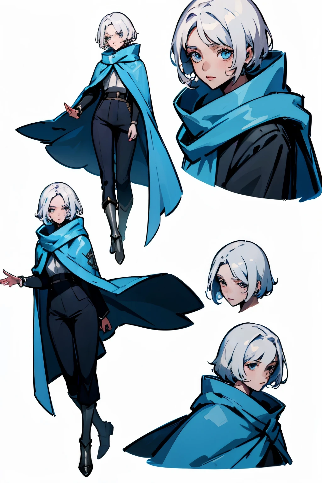 ((masterpiece)),(((best quality))),(character design sheet,same character,front,side,back),illustration,1 adult woman,(white hair), short haircut with bangs on one side,beautiful eyes, aristocrat, Environment change, pose too, magic, charturnbetalora, (simple background, white background: 1.3), clothing of a medieval battle (mage), blue cloak white bluse black pants