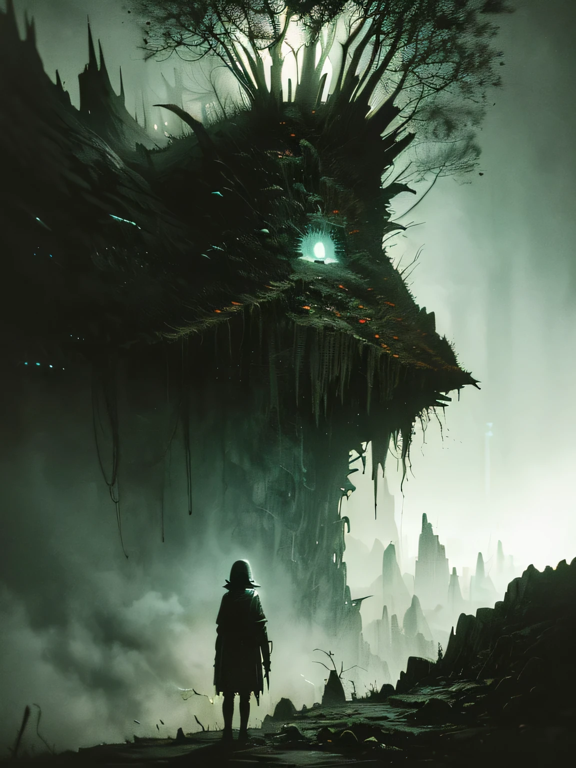 (((dark biopunk horror art))), ((gloomy biopunk atmosphere)), canyon, rifts, beautiful biopunk girl, short pale green grass, high mountains, dark sky, gloomy sky, (scorn videogame style), (backgrounk by Zdzislaw Beksinski), ((cold lighting)), horror atmosphere, extremely detailed, highly detailed art, (highly detailed background), masterpiece