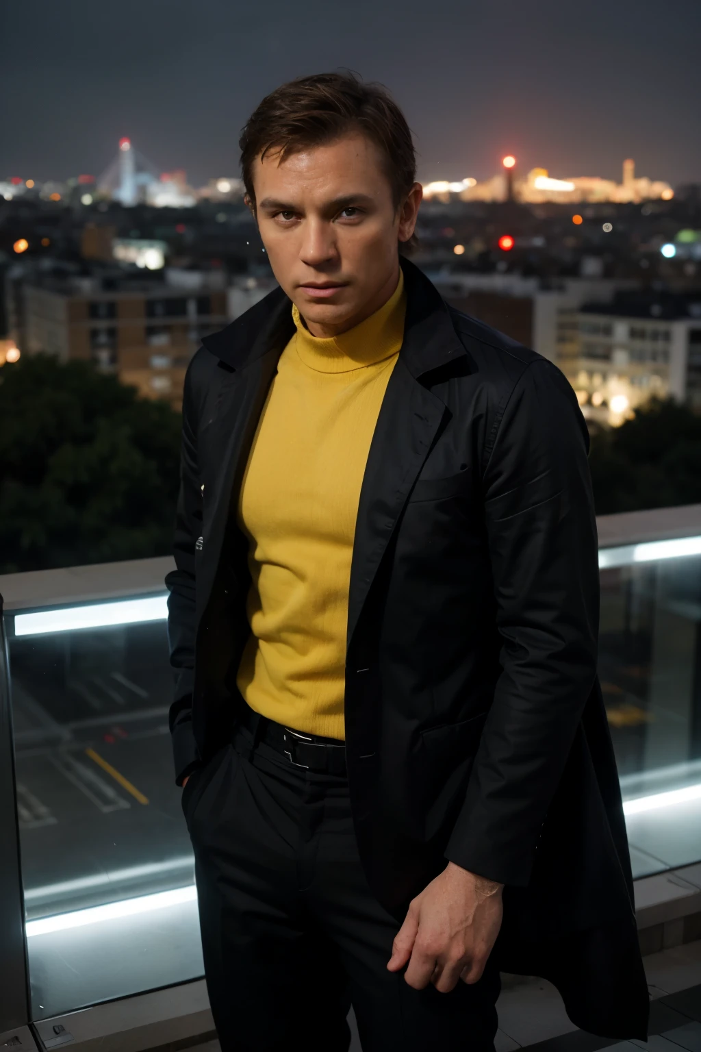 /imagine prompt: Create an avatar of a superhero wearing a james bond style suit with a yellow cityscape background --aspect 1:1