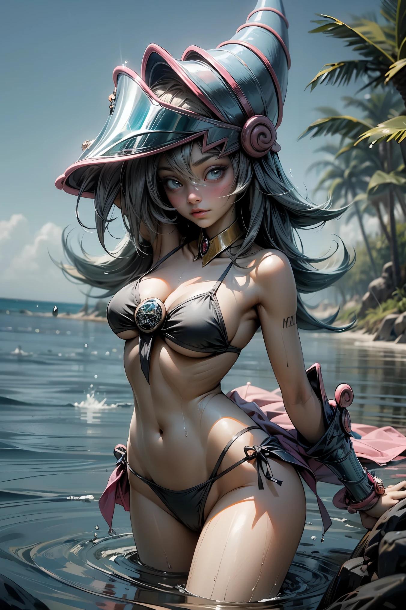 Hermosa dark magician gils en bikini. She is in the middle of the sea playing with the water. Cabello rubio. Ojos azules. Labios rojos. Bikini. Cuerpo mujado. Pose sensual y juguetona. Tiene el cuerpo lleno de agua. It's wet.