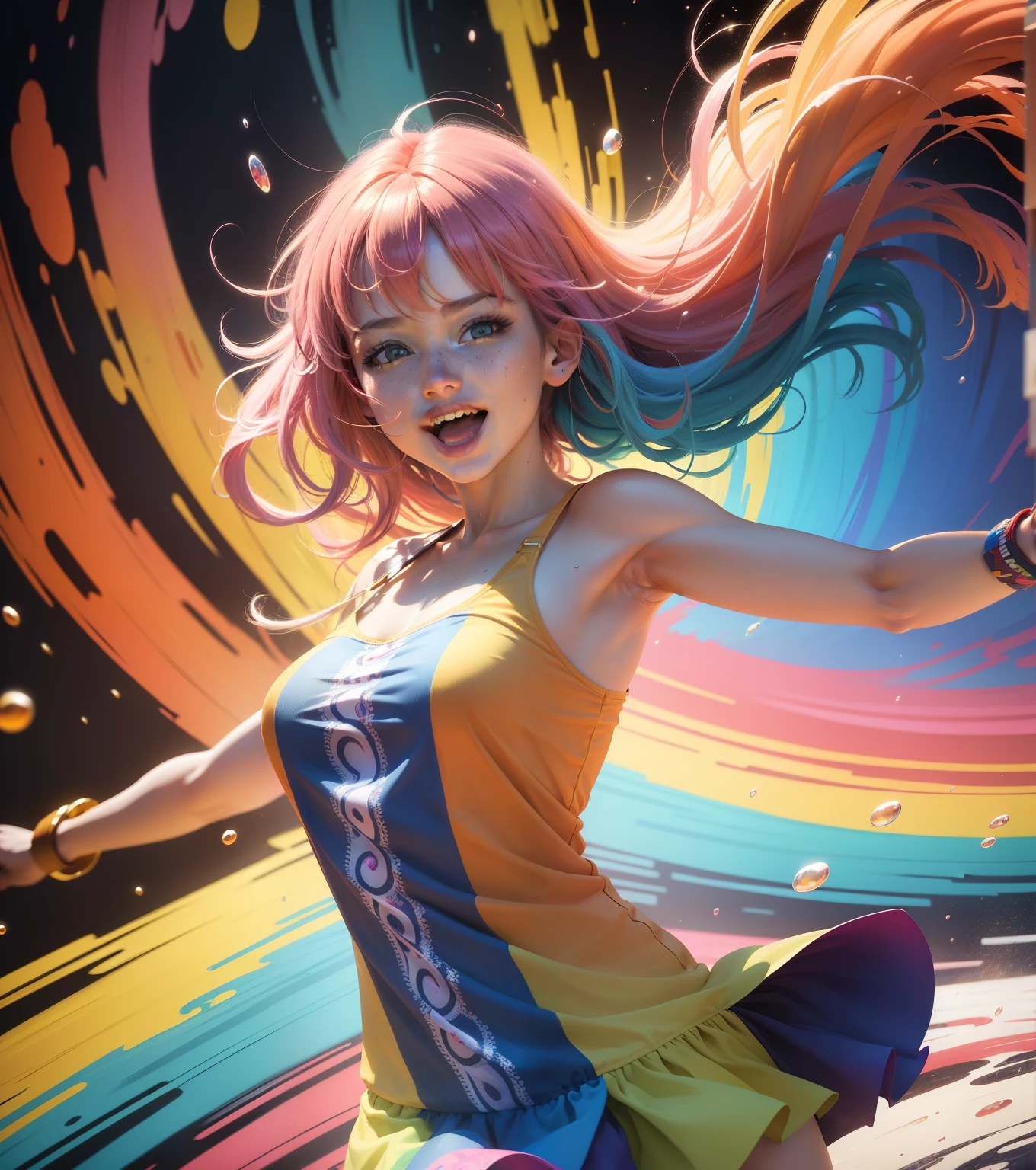 (best quality,4k,8k,highres,masterpiece:1.2),ultra-detailed,(realistic,photorealistic,photo-realistic:1.37), colorful haired girl, spinning girl, wearing vibrant rainbow-style dress, splashing vibrant paints on a pristine white background, background splash, vivid colors, dynamic movement, swirling motion, vibrant rainbow palette, flowing hair, joyful expression, energetic atmosphere, lively and vibrant scene, contrasting colors, mesmerizing patterns, chromatic harmony