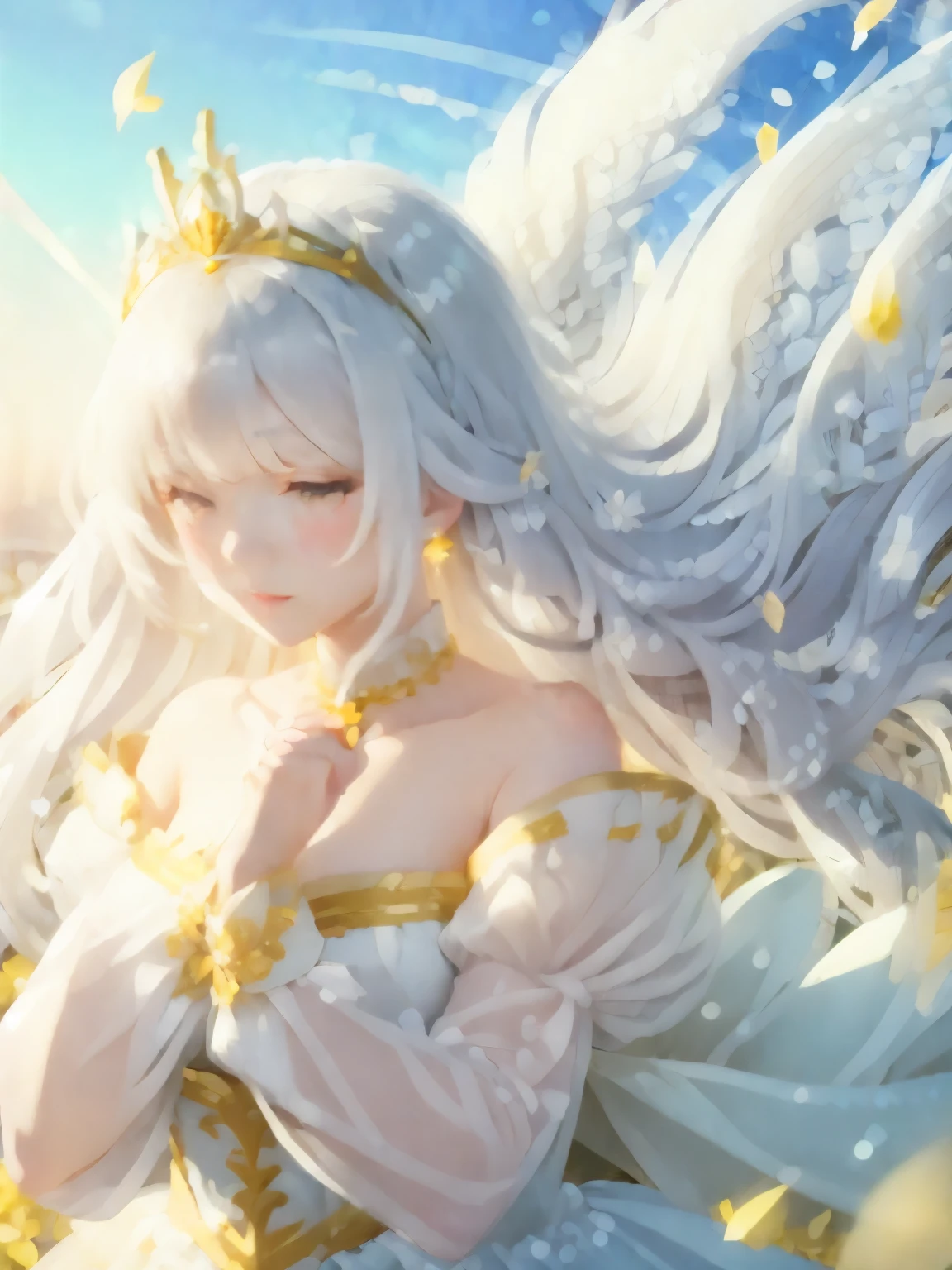 beautiful girl like a fairy、pale yellow princess dress with gold embroidery、Platinum tiara、glass high heeleadow full of flowers、road that continues to the horizon、falling petals、blowing wind、Upper body close-up shot、soft focus、extreme overexposure、airy photo、