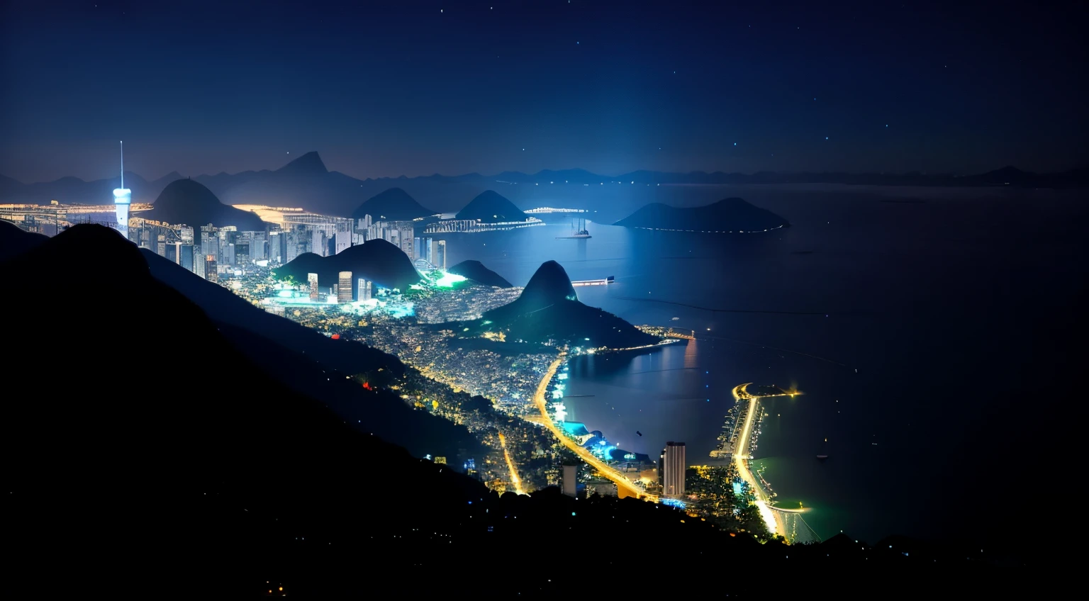 noite view of a city with a mountain and a city lit up, rio de janeiro, by Felipe Seade, rio de janeiro favela, scenic view at noite, por Alexander Robertson, por Jakob Gauermann, noite, by Étienne Delessert, by Matteo Pérez, rio de janeiro in an anime film, breathtaking, por Dietmar Damerau