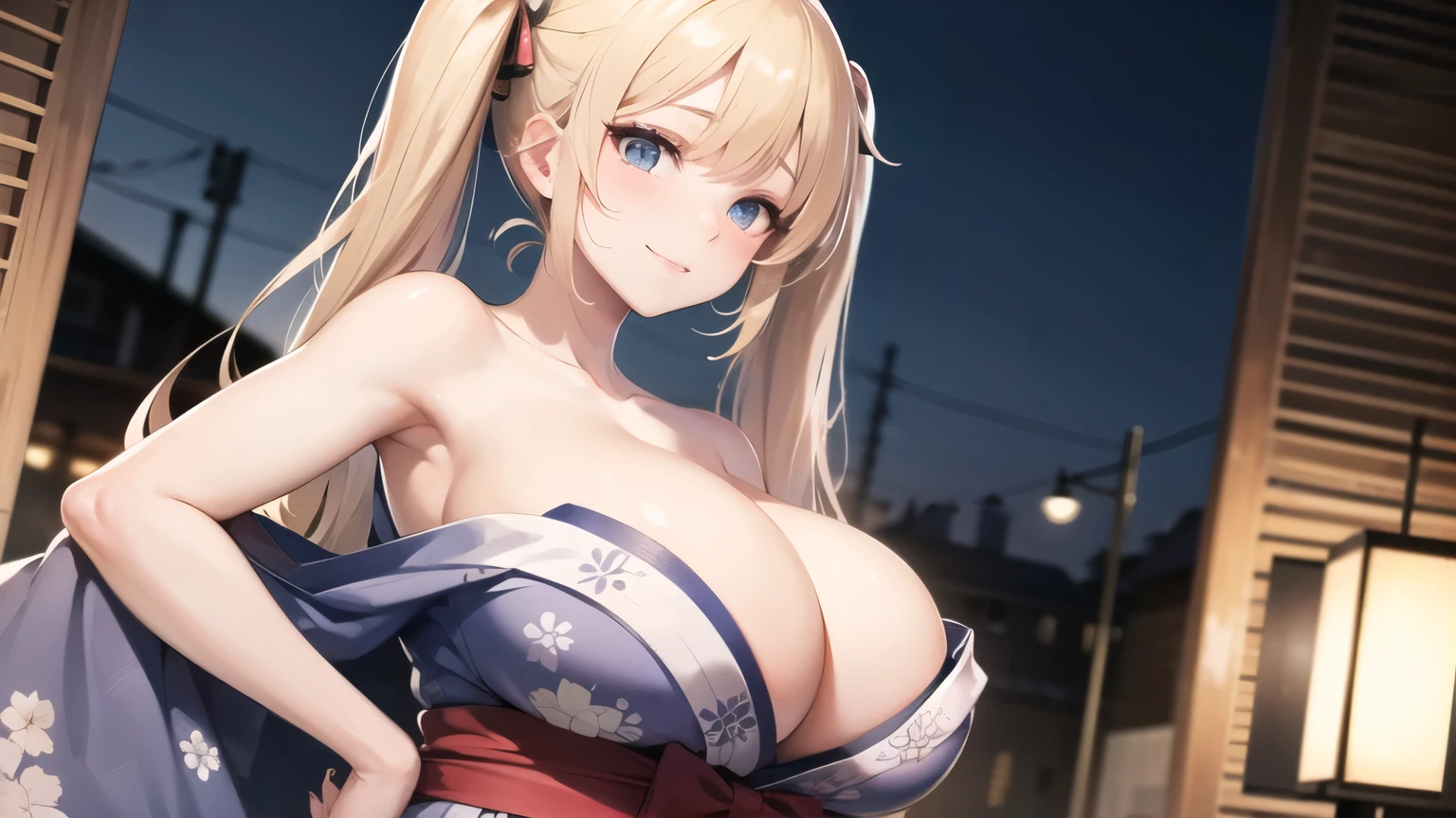 (((masterpiece, best quality))), (((superior quality))), cute girl, ((extremely detailed girl)), ((huge breasts)), (yukata), (bare shoulders), strapless top, slight smile, twin tail blonde