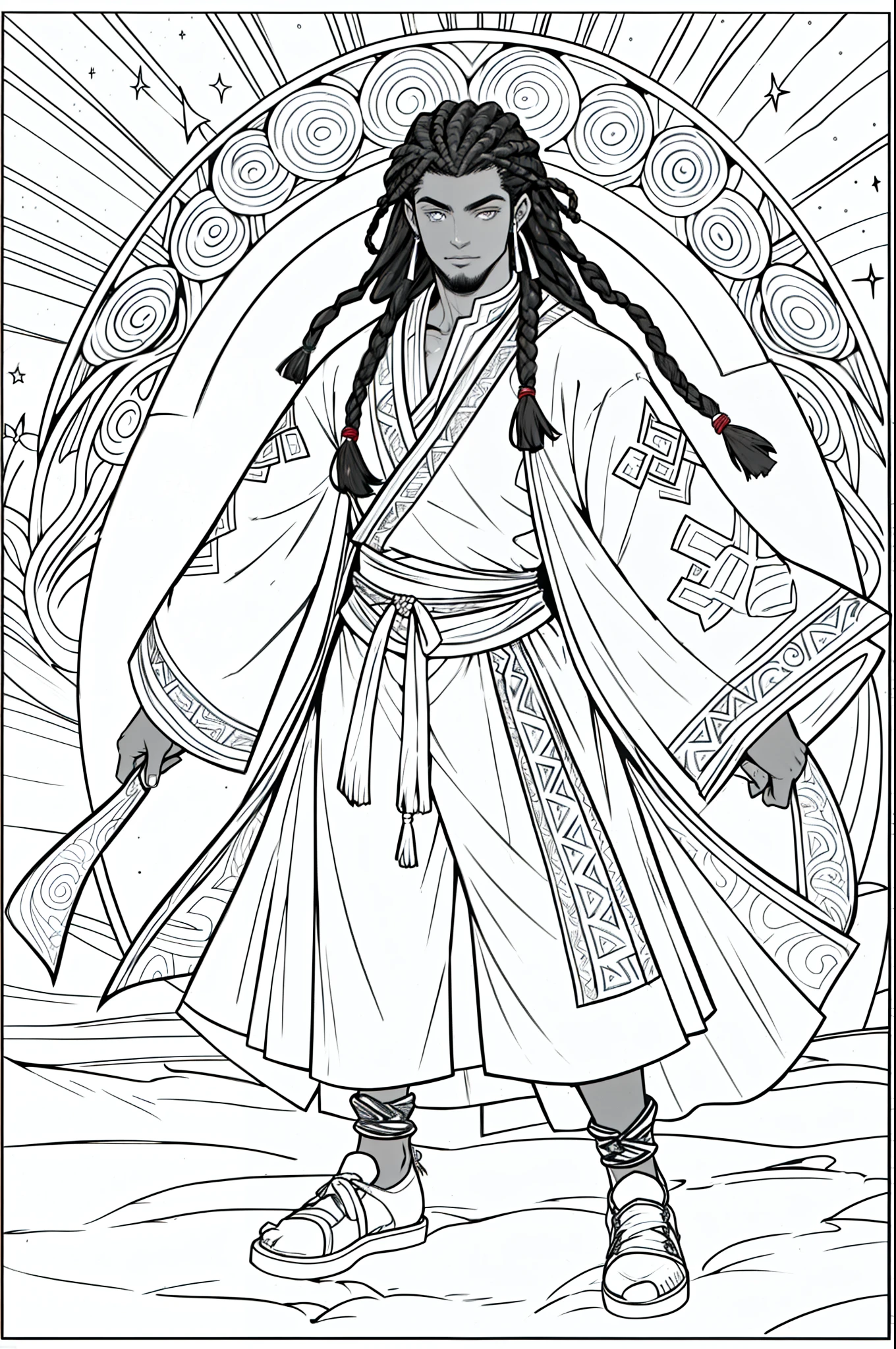 .(( coloring book pages with black and white outline, fundo branco)) a young African hero, de 20 anos, post-apocalypse, que personifica a rica cultura e identidade de Cabo Verde. Its appearance combines traditional and contemporary elements, representing a cosmic and tribal fusion.Afro-Braided-Rasta Hair: Seu cabelo afro, rasta style but braided, cai para frente com um corte lateral, proporcionando um visual moderno e cultural.Tom de Pele e Olhoulata, with cosmic blue eyes where a golden star shines on his forehead, symbolizing your connection to the stars and the cosmos. Corpo Musculoso: Has an athletic physique, result of training and dedication.Clothing and Footwear: Veste traje representativo da bandeira de Cabo Verde - azul profundo, branco, vermelho e dourado, com elementos tribais discretos. Wear shoes that match the tropical climate and show your connection with nature