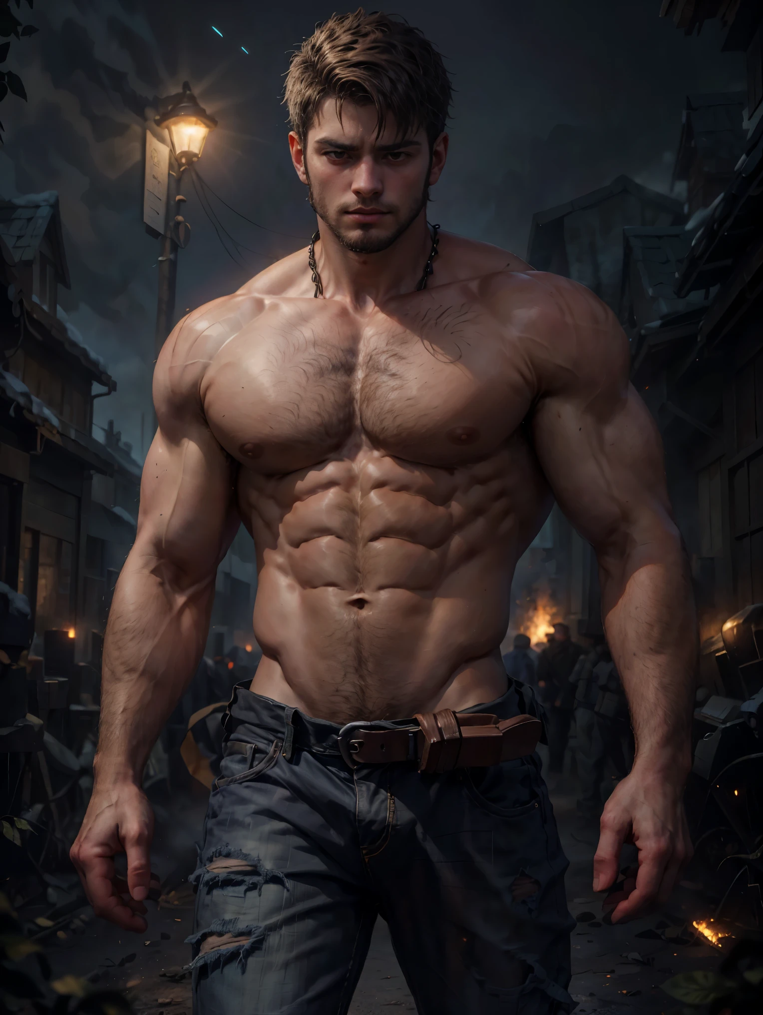 tronco, fechar o retrato, 1 boy in a war scene at night, ((cabelo encaracolado)), rosto bonito, athletic body, sem camisa, (Peito perfeito), vestindo jeans preto, (vestindo um manto preto soprado pelo vento), Asas negras, fogo circulando ,{Fogo ao redor},enevoado, deslumbrante, hiperrealismo