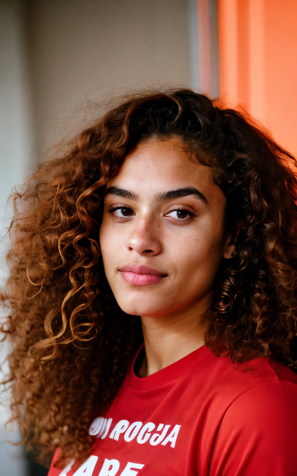 gritty candid raw portrait, close-up photo of a young 20 year old beautiful, big lips, full body, high cheekbones, playful, Danish and Latina mixed race,, red shirt, long curly brown hair, realistic skin texture, athletic,, flawed skin, shot with Sony Alpha A6500 1.4f, bokeh, highly detailed, masterpiece,