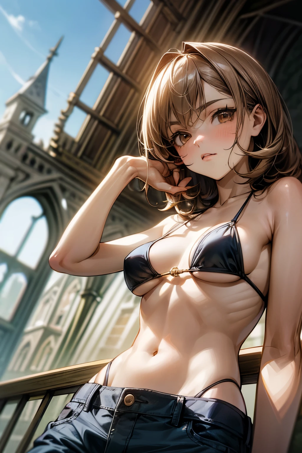 ((Masterpiece)), (Anime:1.5), ((best quality)), (RAW photo:1.2), (High Definition:1.3), (Professional Photography:1.2), (chromatic aberration), 1girl, ((s old)), (serious), (beautiful brown eyes:1.3), looking at viewer, side tied bikini top, O-ring, unruly hair, medium hair, (place hands on pants), ((undress working pants)), pale brown hair, (small breast), cute hip, outdoor, ((on the top of large belfry))