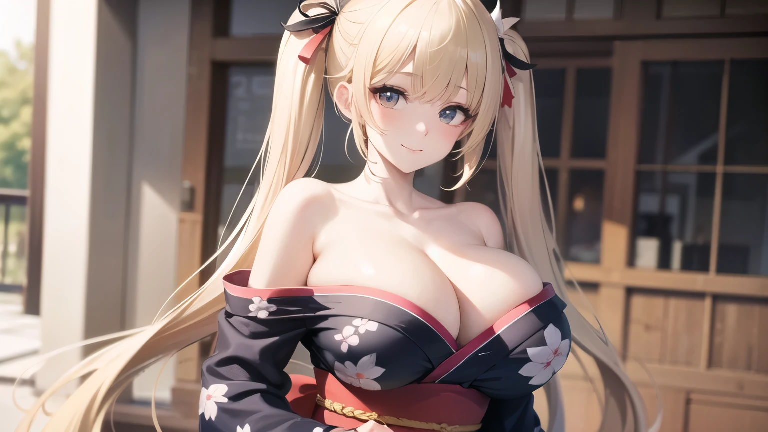 (((masterpiece, best quality))), (((superior quality))), cute girl, ((extremely detailed girl)), ((huge breasts)), (yukata), (bare shoulders), strapless top, slight smile, twin tail blonde