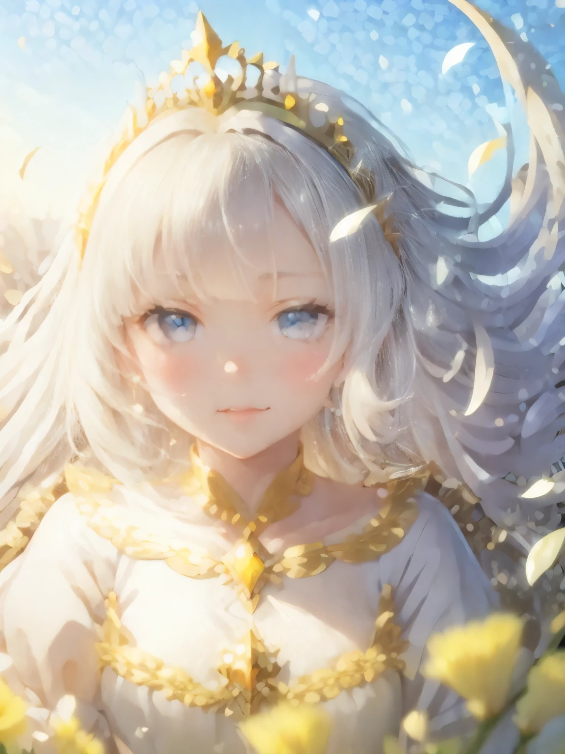 beautiful girl like a fairy、pale yellow princess dress with gold embroidery、Platinum tiara、glass high heeleadow full of flowers、road that continues to the horizon、falling petals、blowing wind、Upper body close-up shot、soft focus、extreme overexposure、airy photo、