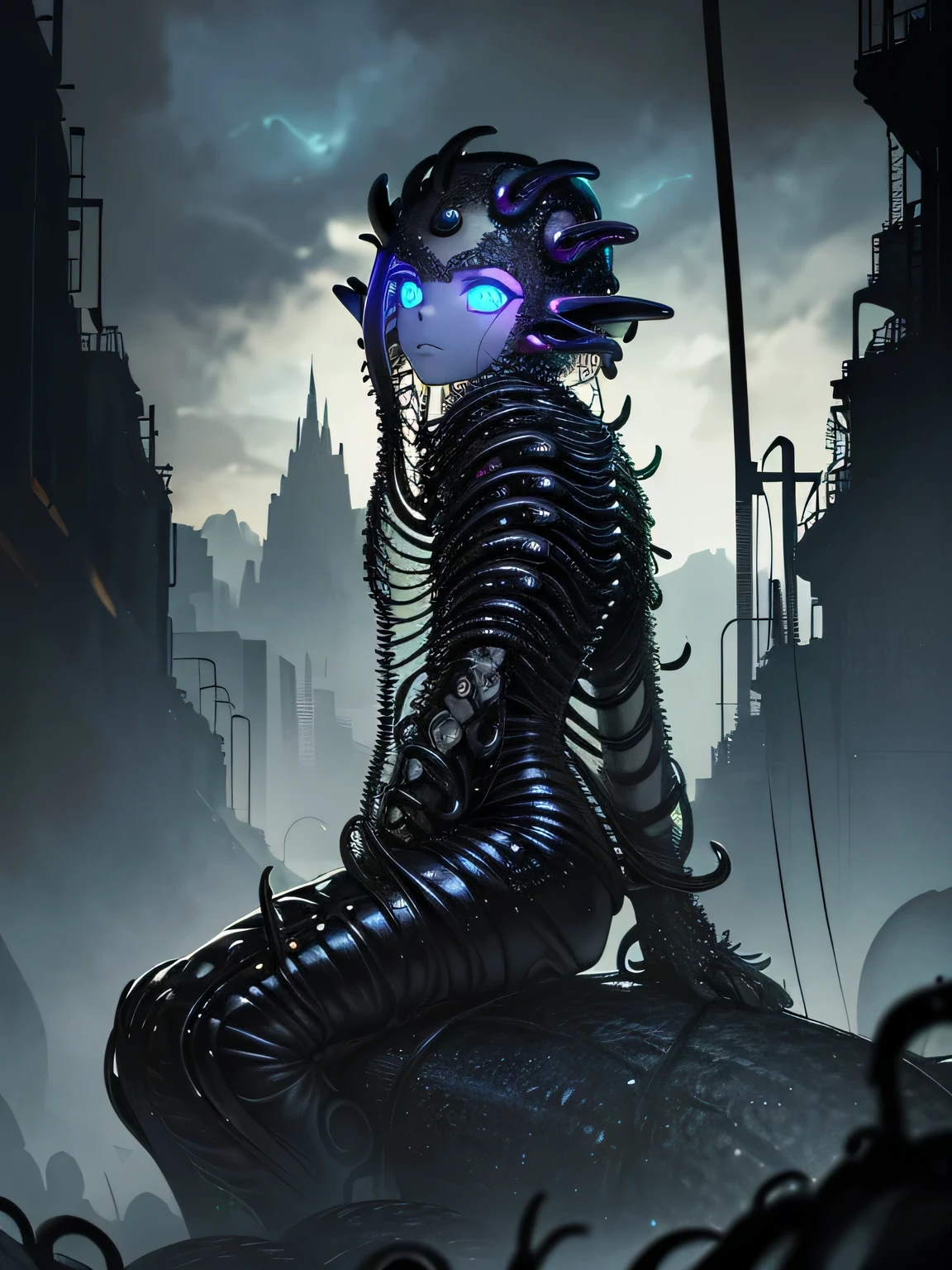 ((dark biopunk horror atmosphere tentacles)), ((beautiful girl in biopunk style)), (dark gray skin), helmet-cage, biopunk clothing, glossy skin, open belly, lip piercing, sitting on a slime-covered steel beam, biopunk mountains, tentacles, cold lighting, abandoned landscape in biopunk style, (Scorn videogame style), Horror atmosphere, presence of something terrible, very detailed biopunk background, art by Hans Giger, perfect anatomy, Masterpiece
