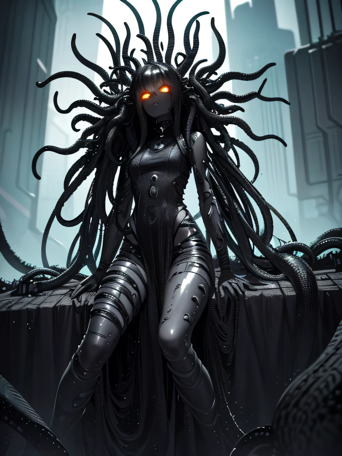 ((dark fantasy art)), beautiful demon girl, ((black glossy skin)), dark black skin, black skin, ((ash wet skin)), black skin, very long black hair, (short clothing), open belly, sits behind table, scrambled eggs in a medieval frying pan, food on frying pan, (((lots of long slippery tentacles))), pale lighting, abandoned building, highly detailed art, extremely detailed background