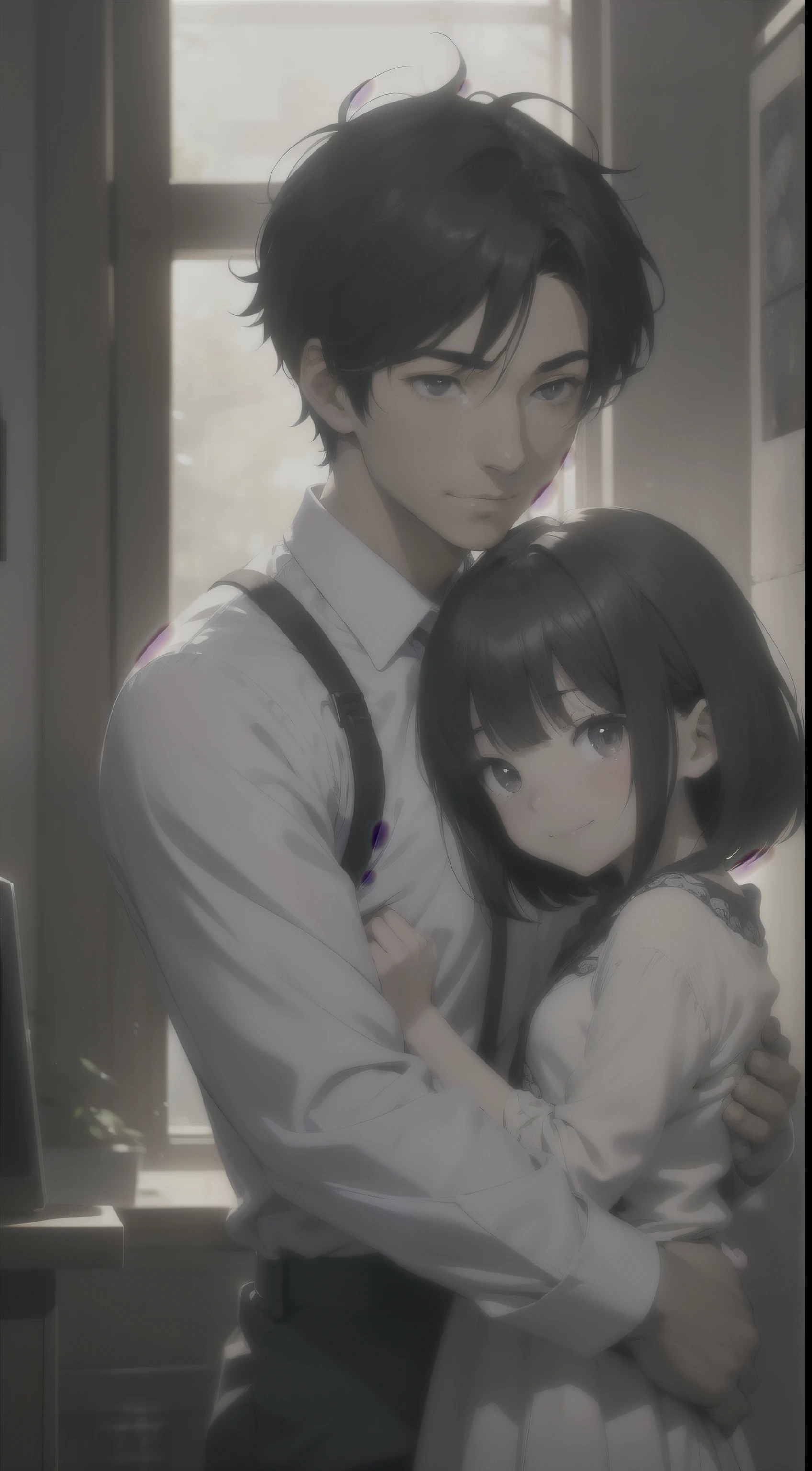In the heart of an intricately detailed anime world, a man with short black hair and a warm smile cradles a 2-year-old girl on his shoulder. Sunlight streaming through a window casts high-definition rays upon their bodies, revealing every line and curve in stunning clarity. With every pixel meticulously rendered, this scene comes to life in the high-detail anime style.

Ray tracing captures the soft play of light and shadow across their features, providing a cinematic lighting experience. Chiaroscuro lends depth to the image, highlighting the symmetry between the man and the girl. Their joyful smiles radiate in the first-person perspective, beckoning viewers into their