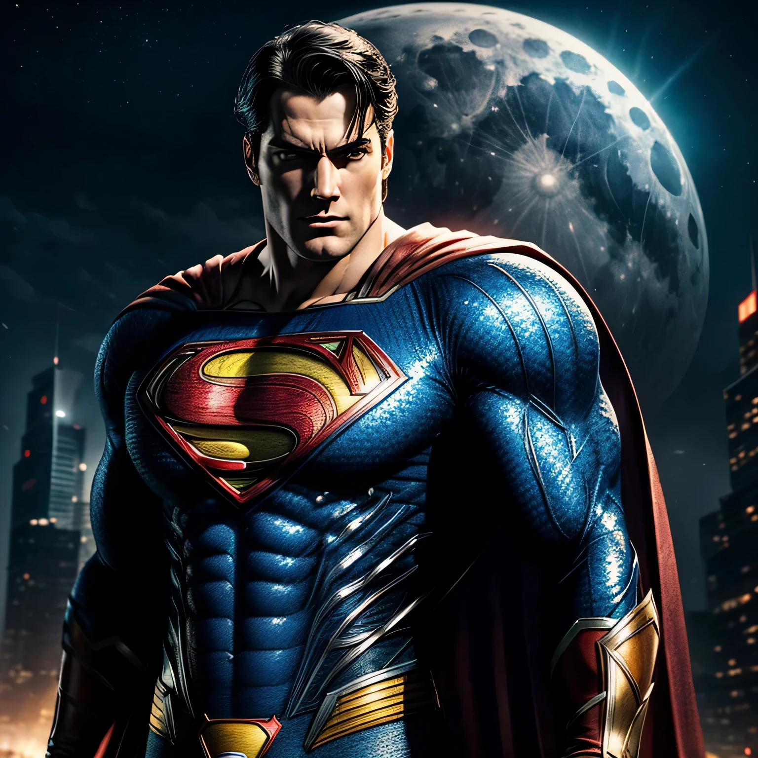 End a powerful threat, Superman's imposing appearance, Kingdom of Tomorrow, menacing look, ricamente detalhado, hiper-realista, 3d rendering, obra de arte, NVIDIA, RTX, rastreamento de raios, bokeh, Night sky with a huge beautiful full moon, estrelas brilhantes,