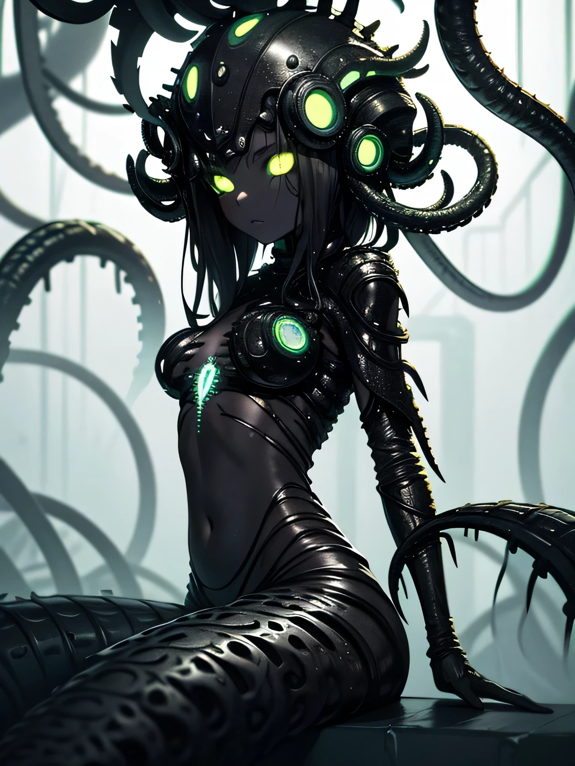 ((dark biopunk horror atmosphere tentacles)), ((beautiful girl in biopunk style)), (dark gray skin), helmet-cage, biopunk clothing, glossy skin, open belly, lips piercing, sitting on a slime-covered steel beam, biopunk mountains, tentacles, mechanical cogs, cold lighting, abandoned landscape in biopunk style, (Scorn videogame style), Horror atmosphere, presence of something terrible, very detailed biopunk background, art by Hans Giger, perfect anatomy, Masterpiece