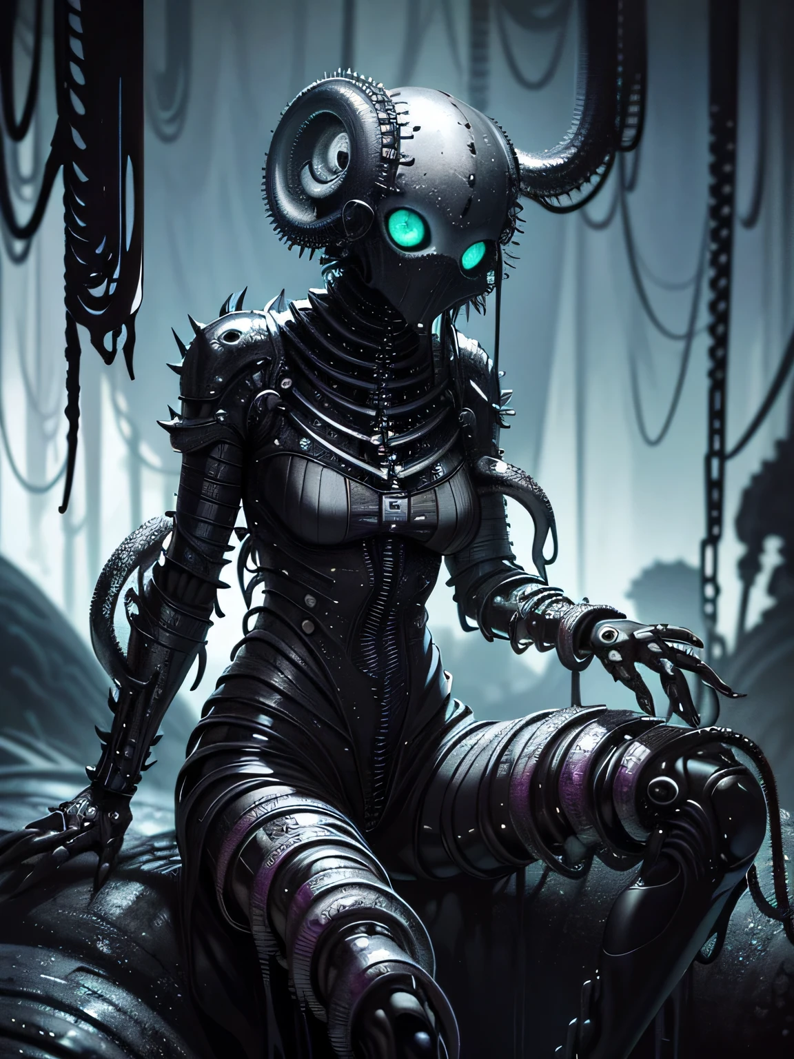 ((dark biopunk horror atmosphere tentacles)), ((beautiful girl in biopunk style)), (dark gray skin), helmet-cage, biopunk clothing, glossy skin, open belly, lips piercing, sitting on a slime-covered steel beam, biopunk mountains, tentacles, mechanical cogs, cold lighting, abandoned landscape in biopunk style, (Scorn videogame style), Horror atmosphere, presence of something terrible, very detailed biopunk background, art by Hans Giger, perfect anatomy, Masterpiece