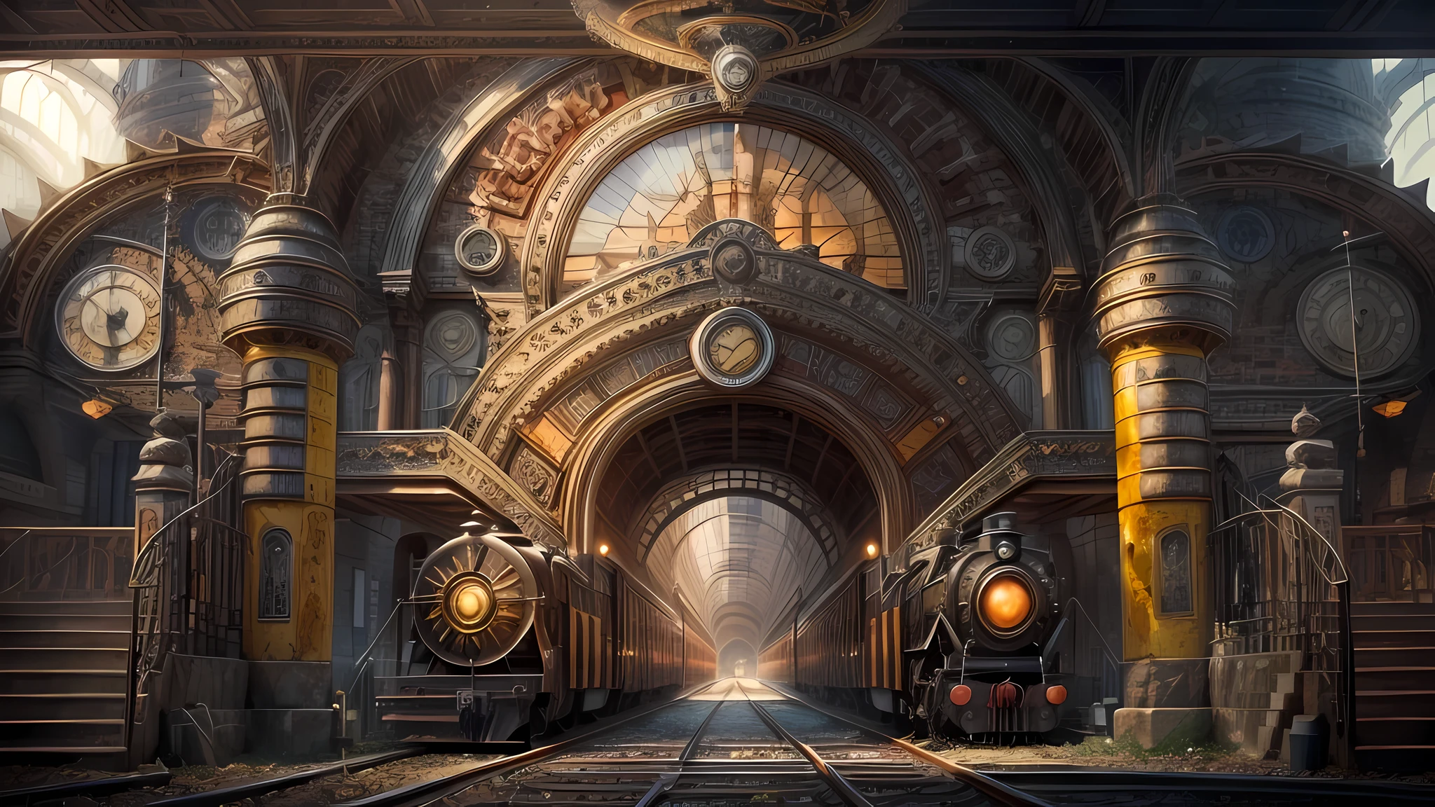 steampunk art picture, wide shot,  intense details, highly detailed, photorealistic, best quality, highres,  picture of a round arcane gate opening in the middle of  a steampunk train station, the gate glowing in yellow light gl0w1ngR, the station has a  steampunk black locomotive entering the station,  reflection light, high details, best quality, 16k, [ultra detailed], masterpiece, best quality, (extremely detailed), ultra wide shot, photorealistic, RAW, realistic art,((best quality)), ((masterpiece)), (detailed), perfect face,