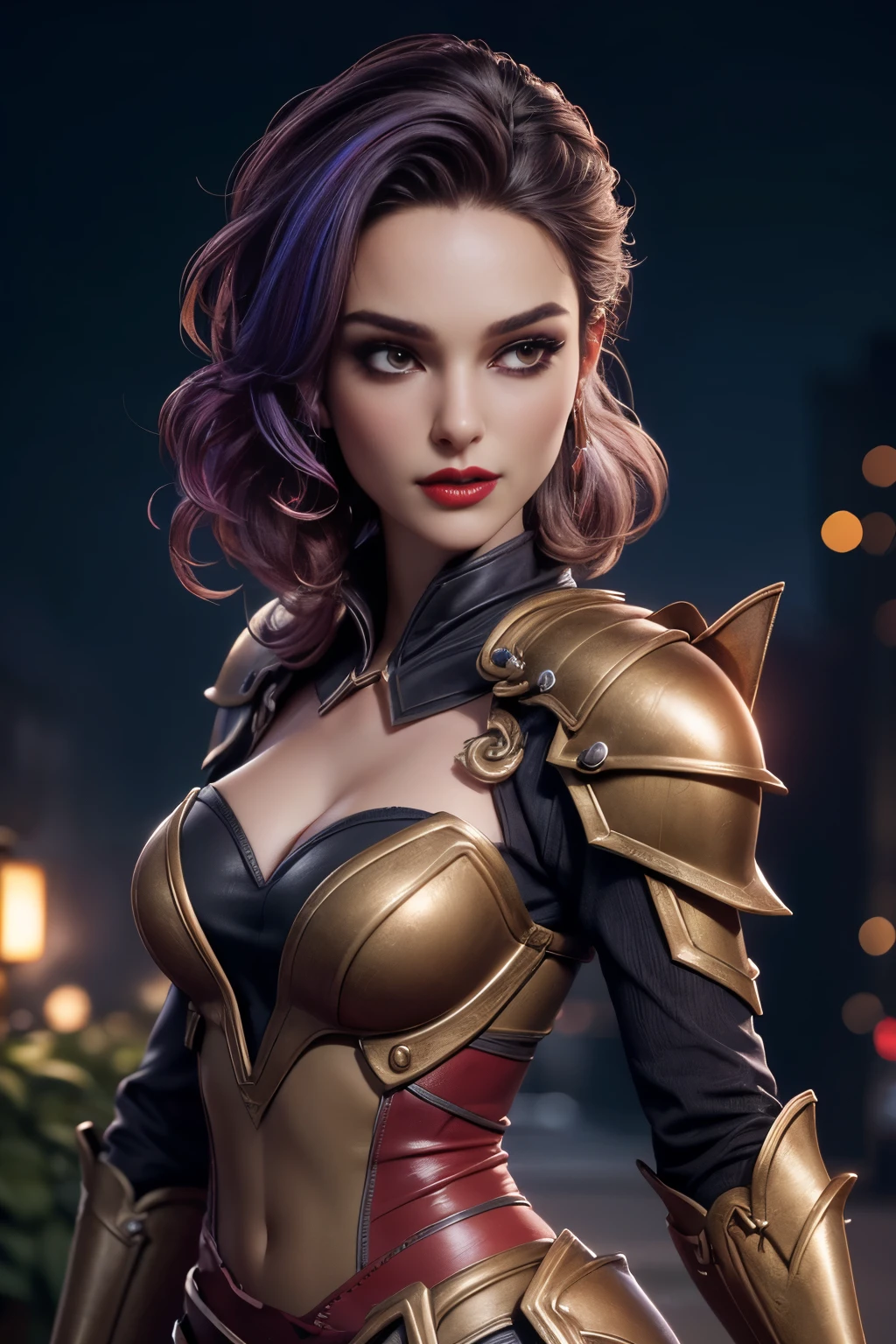 photo of celebrity, RAW, beautiful woman, ((portrait)), ((detailed face, colorful rainbow hair:1.2)), ((detailed facial feature, detailed skin, clear skin, parted lips), (perfect proportioned body, medium breasts, cleavage), (wearing red lipstickandalorian Style Metal Armor Skirt Suit: 1.5)), (high detailed garden environment, pale skin, dark makeup: 1.5)), (high detailed pub, her front to us, frontview: 1.3), (realistic photo, best quality, detailed), (8k wallpaper), (cinematic lighting, dramatic lighting) (sharp focus, intricate)