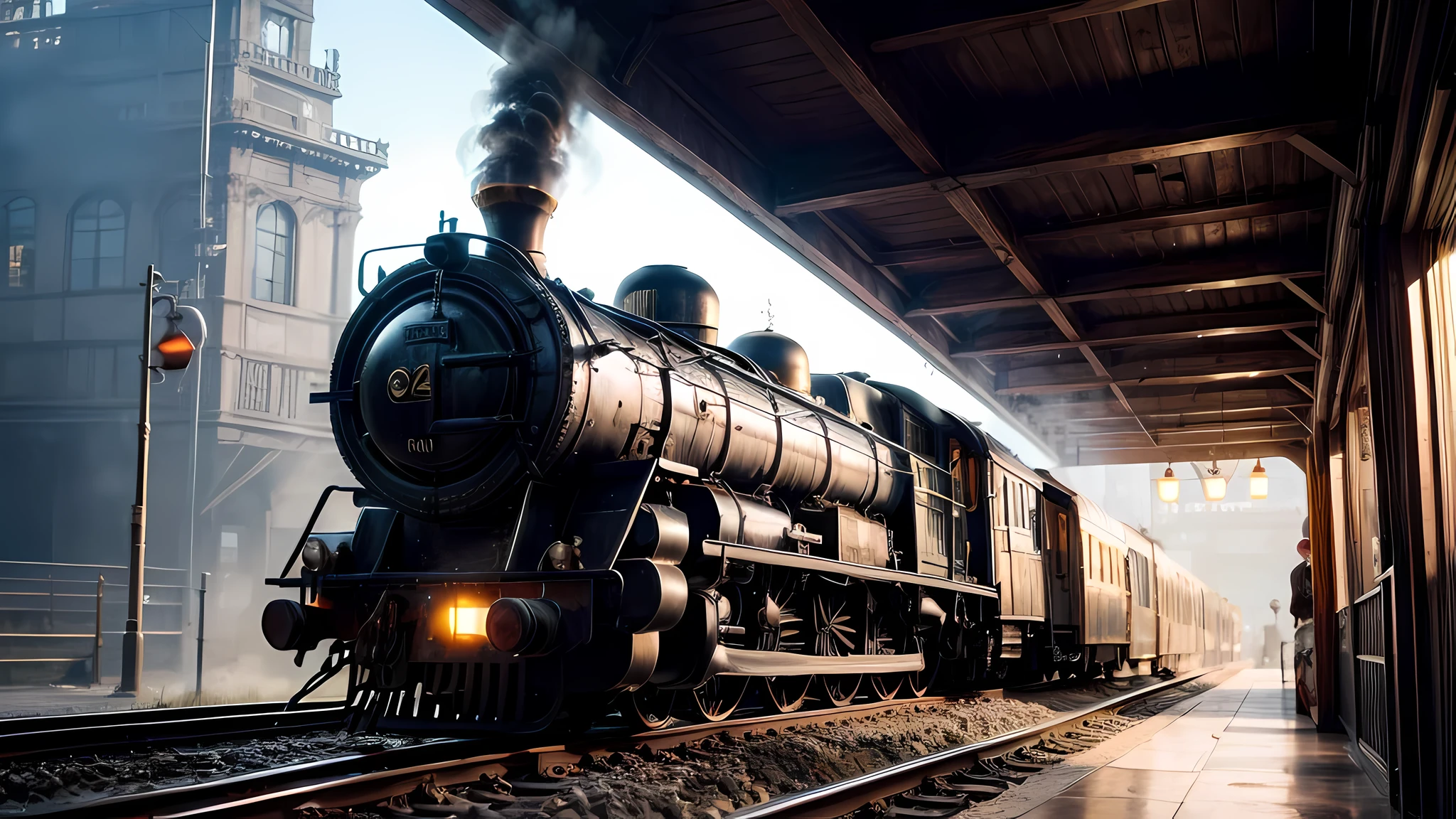 steampunk art picture, wide shot,  intense details, highly detailed, photorealistic, best quality, highres,  picture of a round arcane gate opening in the middle of  a steampunk train station, the gate glowing in yellow light gl0w1ngR, the station has a  steampunk black locomotive entering the station,  reflection light, high details, best quality, 16k, [ultra detailed], masterpiece, best quality, (extremely detailed), ultra wide shot, photorealistic, RAW, realistic art,((best quality)), ((masterpiece)), (detailed), perfect face,