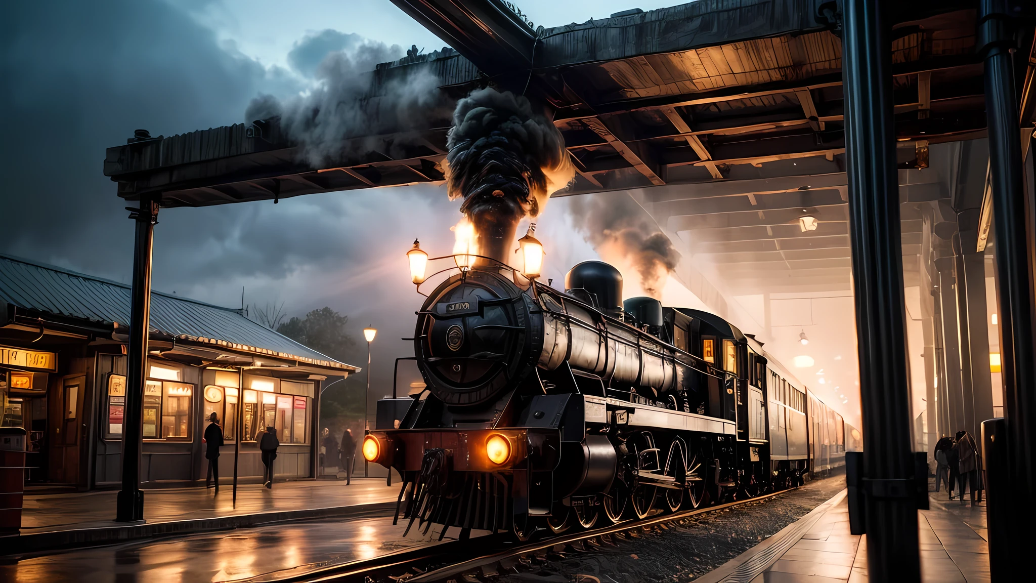 steampunk art picture, wide shot,  intense details, highly detailed, photorealistic, best quality, highres,  picture of a round arcane gate opening in the middle of  a steampunk train station, the gate glowing in yellow light gl0w1ngR, the station has a  steampunk black locomotive entering the station,  reflection light, high details, best quality, 16k, [ultra detailed], masterpiece, best quality, (extremely detailed), ultra wide shot, photorealistic, RAW, realistic art,((best quality)), ((masterpiece)), (detailed), perfect face,