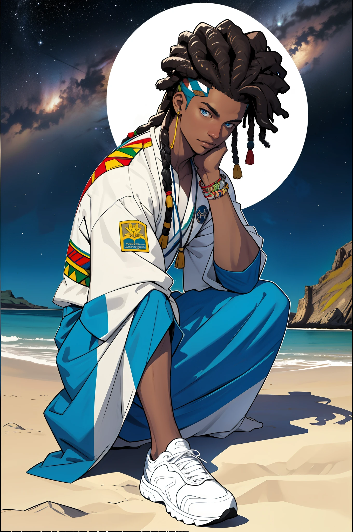  .(( coloring book pages with black and white outline, fundo branco)) a young African hero, de 20 anos, post-apocalypse, que personifica a rica cultura e identidade de Cabo Verde. Its appearance combines traditional and contemporary elements, representing a cosmic and tribal fusion.Afro-Braided-Rasta Hair: Seu cabelo afro, rasta style but braided, cai para frente com um corte lateral, proporcionando um visual moderno e cultural.Tom de Pele e Olhoulata, with cosmic blue eyes where a golden star shines on his forehead, symbolizing your connection to the stars and the cosmos. Corpo Musculoso: Has an athletic physique, result of training and dedication.Clothing and Footwear: Veste traje representativo da bandeira de Cabo Verde - azul profundo, branco, vermelho e dourado, com elementos tribais discretos. Wear shoes that match the tropical climate and show your connection with nature
