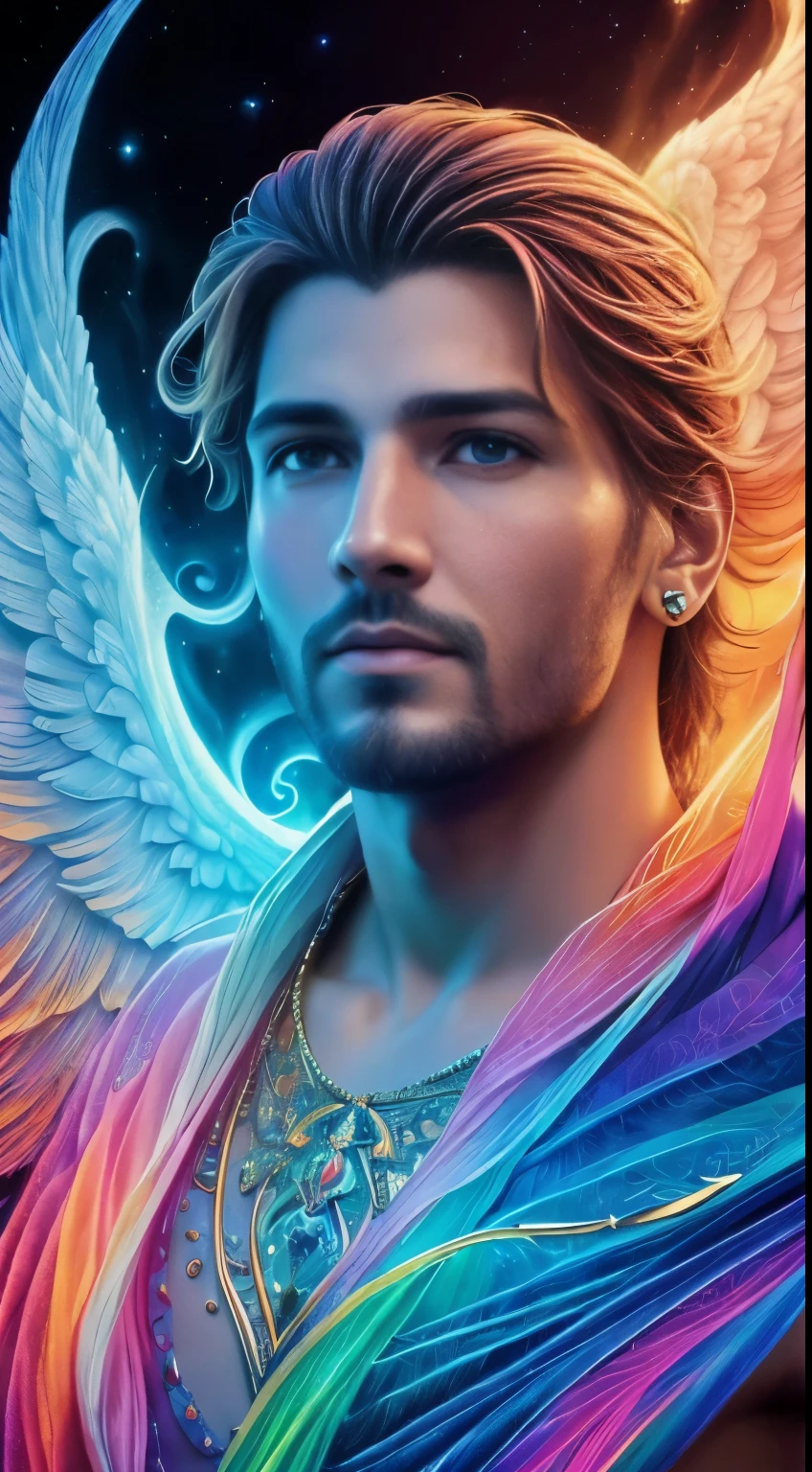 ((melhor qualidade)), ((Parte Mestre)), ((ultra realistic)), ((estilo de fantasia surrealista)), beautiful intricately detailed soft oil painting of a handsome male angel An incredibly beautiful and powerful angel bursting from the heavens, Position of the angel&#39;s body on the side (Vibrant rainbow flames everywhere, penas ultra detalhadas, incomparable spiritual magical energy, ((voando no perfil)), profissional, soft volumetric lighting, vida real, Paleta de cores suave, He's looking at a human woman, That's on the side as well, olhando para ele 