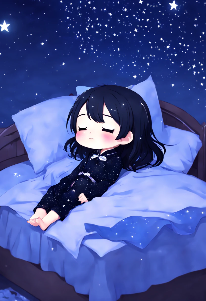 Anime chibi black hair girl, sleeping, starry black night outfit, night time, bedroom