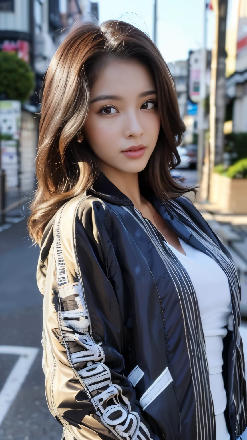 ((best qualtiy, 8K, tmasterpiece:1.3)), Sharp:1.2,1girl, perfect figure beautiful woman:1.4, Slim abs:1.2, ((Layered Hair Style, huge tit:1.3)),((Highly detailed facial and skin texture,A detailed eye,Black eye,double eyelid)),(japan girl:1.5)(Brown Hair)(Track Jacket:1.8)(Sunlight),(Japan street:1.3)(random camera angle)