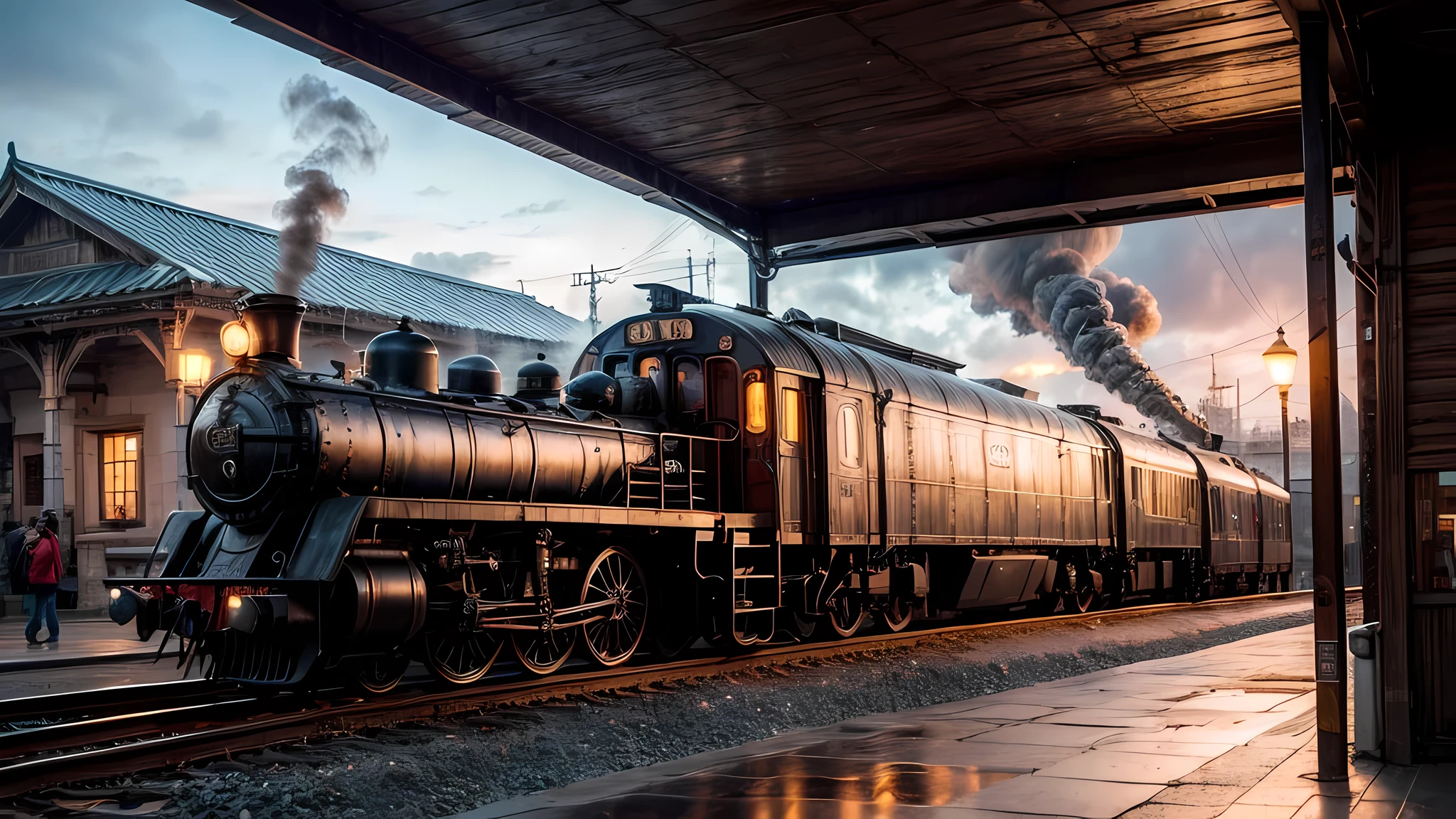 steampunk art picture, wide shot,  intense details, highly detailed, photorealistic, best quality, highres,  picture of a round (arcane gate: 1.1)  opening in the middle of  a steampunk train station, the gate glowing in yellow light gl0w1ngR, the station has a  steampunk black locomotive entering the station,  reflection light, high details, best quality, 16k, [ultra detailed], masterpiece, best quality, (extremely detailed), ultra wide shot, photorealistic, RAW, realistic art,((best quality)), ((masterpiece)), (detailed), perfect face,