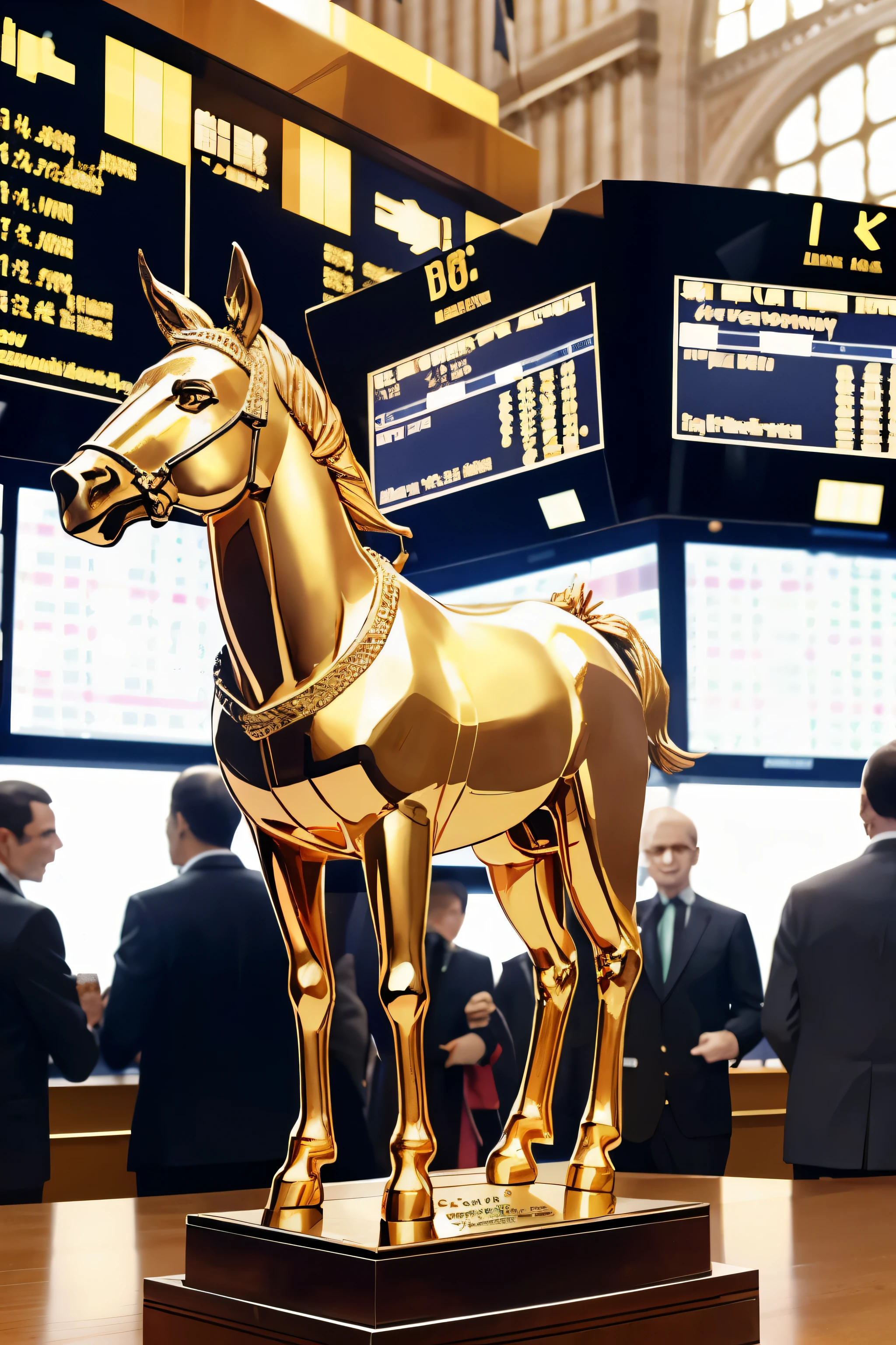 small golden monument of a donkey inside the stock exchange with people trading shares