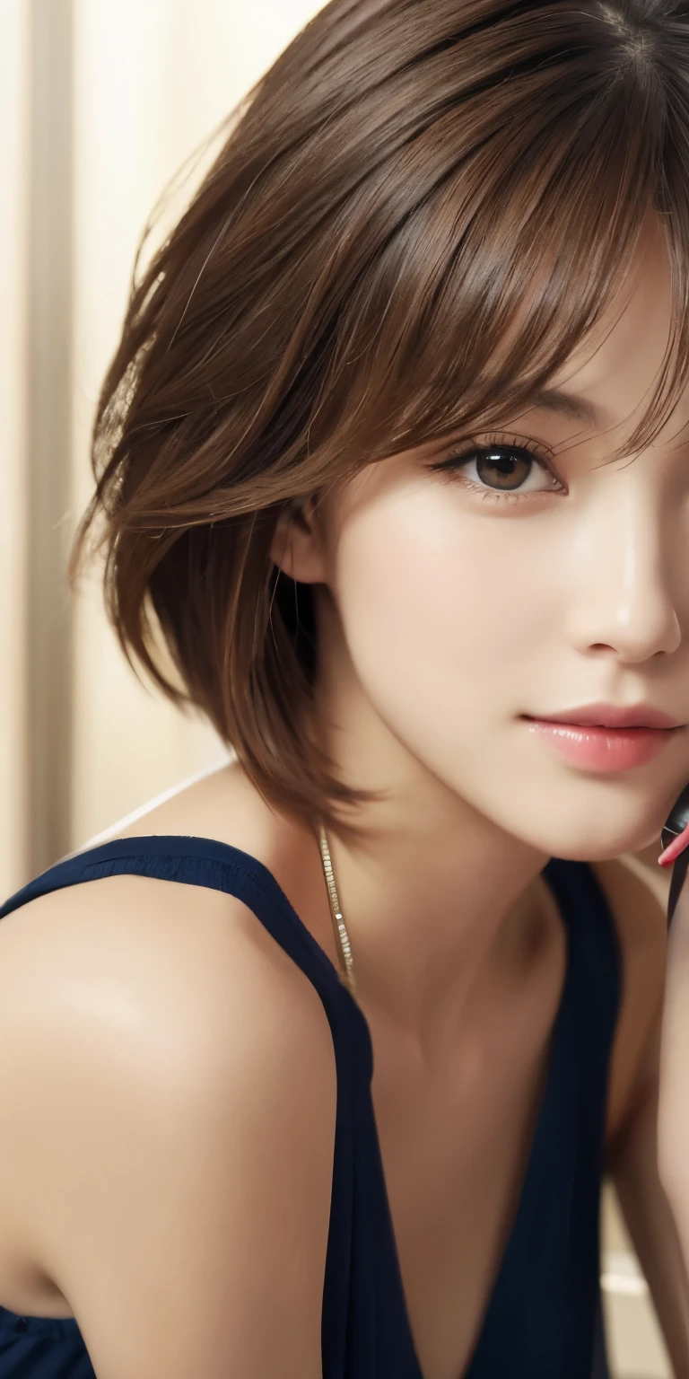 masterpiece、highest quality、High resolution、table top、wallpaper、realistic、bright lighting、professional lighting、face light、smooth lighting、japanese woman、adult、Beautiful woman、action、gravure、sexy、poor、super beautiful、beautiful skin、beautiful and detailed eyes、detailed face、slim、moderately、short hair、brunette colored hair、brown eyes、look at the camera、i have a saxophone