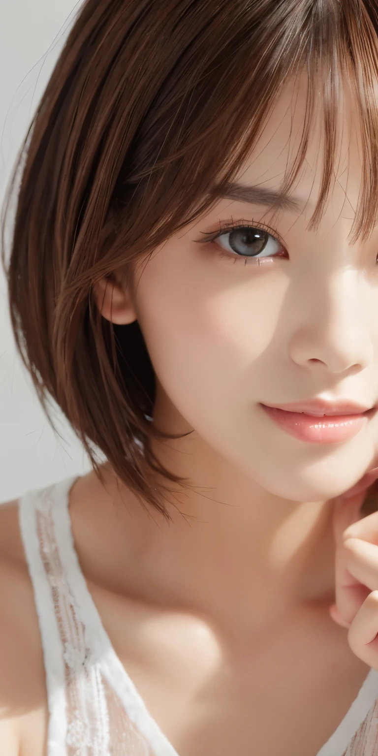 masterpiece、highest quality、High resolution、table top、wallpaper、realistic、bright lighting、professional lighting、face light、smooth lighting、japanese woman、adult、Beautiful woman、action、gravure、sexy、poor、super beautiful、beautiful skin、beautiful and detailed eyes、detailed face、slim、moderately、short hair、brunette colored hair、brown eyes、look at the camera、i have a saxophone
