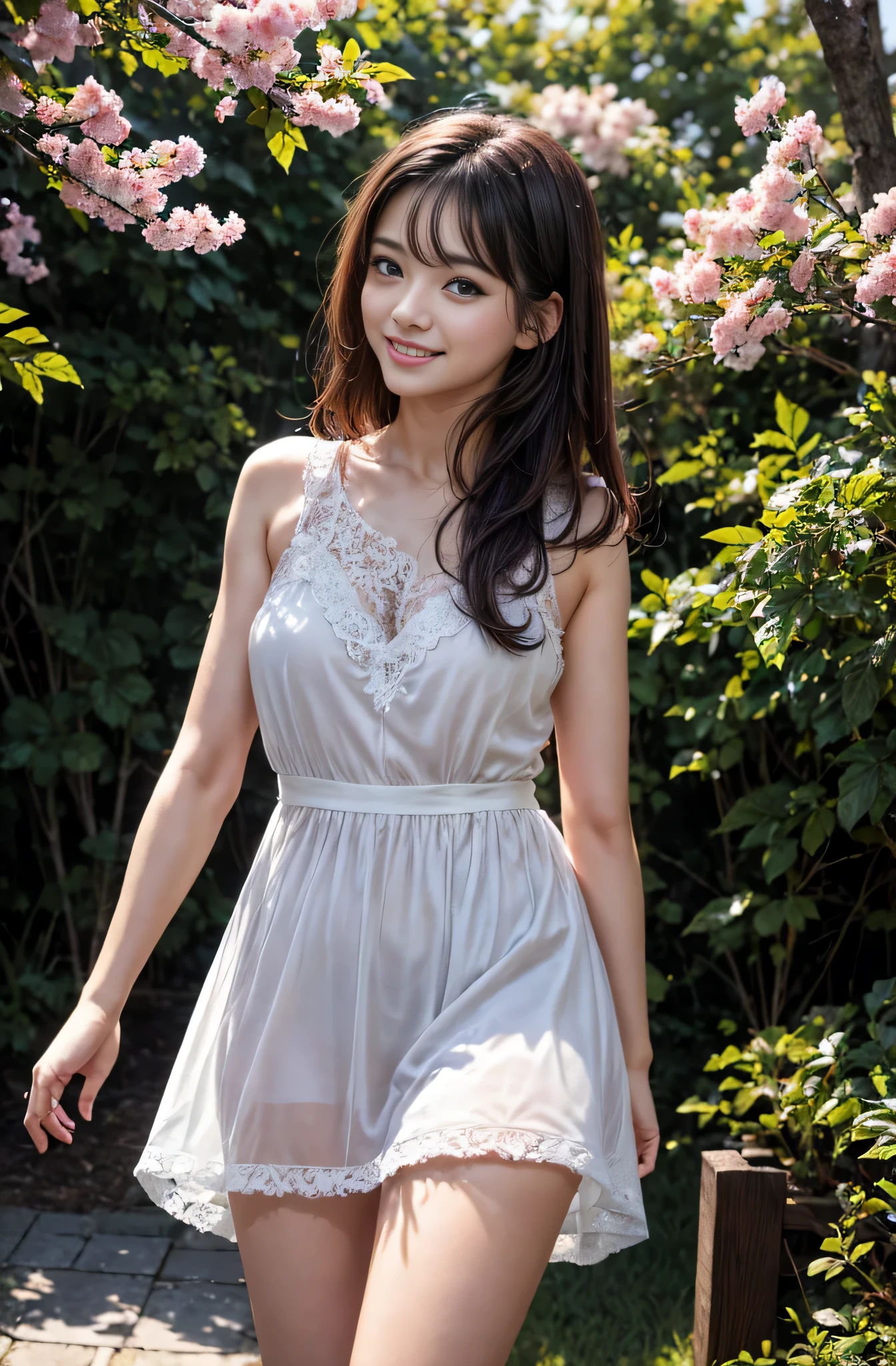 {(Even a sheer lace dress, The backlight makes the silhouette of your body stand out.....)},{outdoor background::cherry blossoms},{RAW photo},{highest quality}, masterpiece,{High resolution},get used to it,(Photoreal:1.4),{well-defined contours},{{beautiful young woman,beautiful perfect face,(smile gently:1.2)}},{perfect body},{perfect arms,perfect fingers},{perfect legs},{perfect hair,,{realistic skin texture},{shot above the knee},view from below