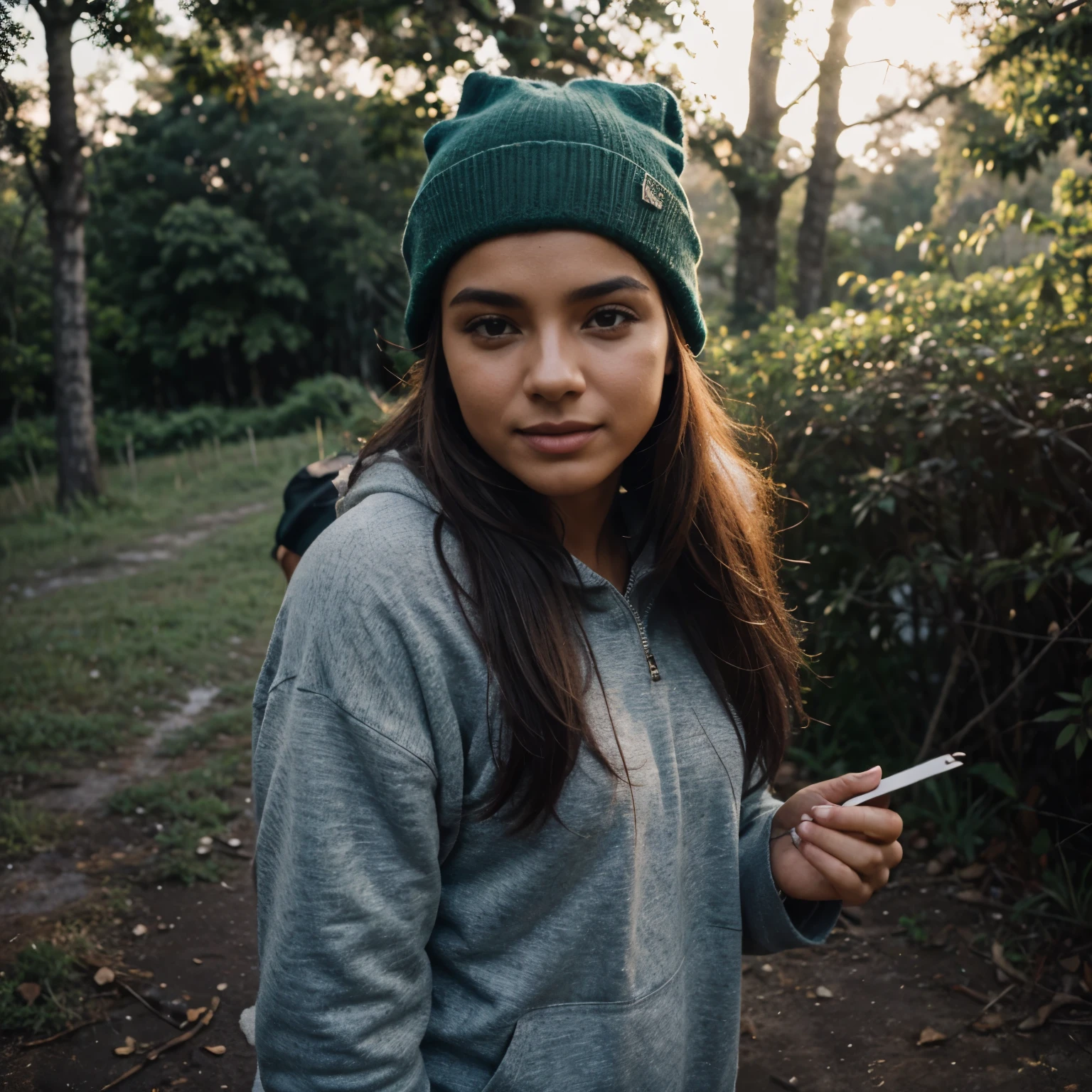 Fotografia, foto de mulher bonita, selfie, tronco, Sozinho, vestindo roupa de trabalho, ao ar livre, (noite), montanhas, natureza da vida real, estrelas, Lua, alegre, feliz, luvas, sweater, gorro, floresta, pedras, rio, Madeira, smoke, fog, olhando para o espectador, textura da pele, photo grain, fechar-se, Foto CRU