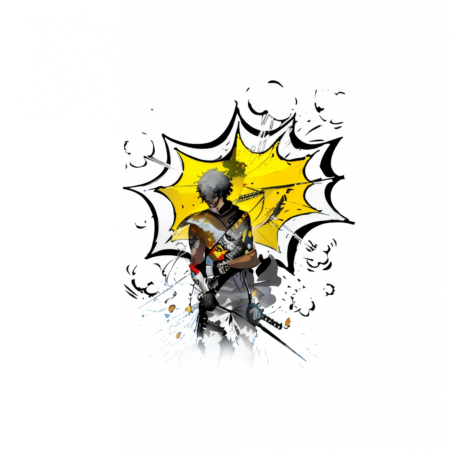there is a man holding a yellow umbrella with a splattered design, epic comic book style, frank miller creative design, stylised comic art, comic artstyle, frank miller style, comic styled, inspired by Frank Miller, svg comic style, afro samurai anime style, comic book art style, spectacular splatter explosion, comic artwork, afro samurai manga style in png