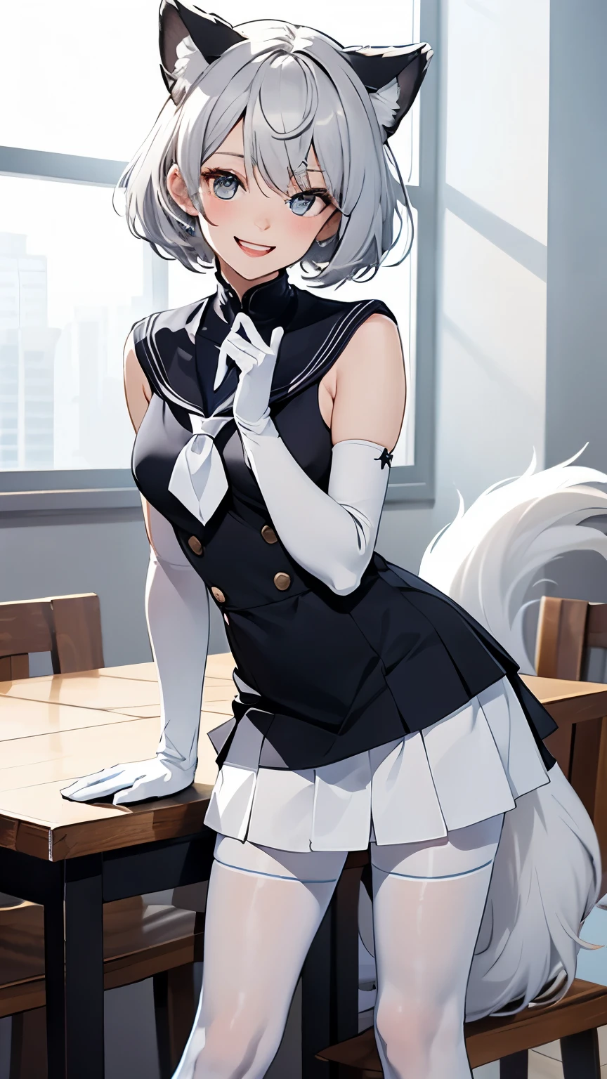 table top High level image quality best image quality 8k adult woman portrait white long gloves(elbow gloves) white pantyhose sailor suit(Sleeveless mini skirt white wolf ears short hair((shortcut)(gray hair)(perm)(fluffy)) eye color is blue attractive face((laughter)(smile)(open your mouth)) beautiful feet Are standing