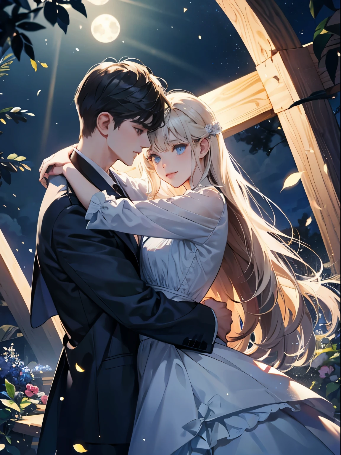 night,Rays of moonlight,couple,hug