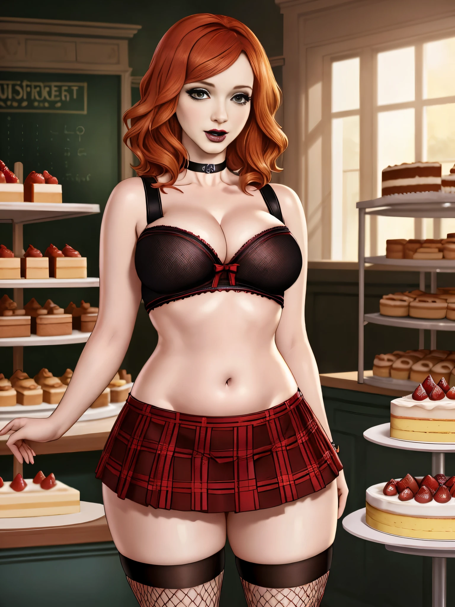 Christina Hendricks, masterpiece quality, realistic, lots of detail, studio lighting, in a bakery, lots of cake in background, lots of dessert in background, wearing school uniform, wearing black lipstick, wearing black eyeliner, wearing black crop top, wearing red plaid miniskirt, wearing choker collar, wearing fishnet stockings, small breasts, (small breasts:1.2), thin body, 