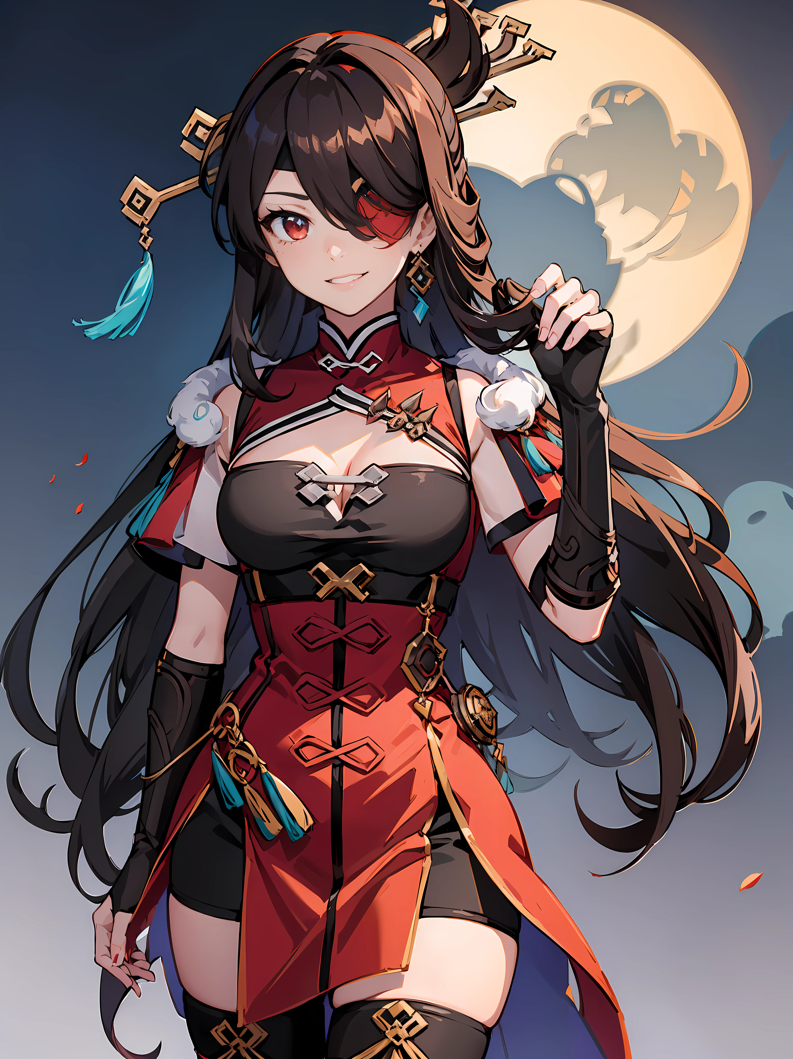Beidou has long, waist-length dark brown hair. The top of her hair is tied up with an intricate gold hairpin with a pale blue tassel hanging from one end. Her fringe parts around her right eye, slightly covering her left. Her right eye is a deep ruby-colored hue melting into gold. Her left eye is covered by a red eyepatch.
She dons a black leotard underneath a bright red sleeveless qipao dress, with side slits going up to her hips and the chest area cut out. In stark contrast to the rest of her primarily red ensemble, a vivid purple Electro Vision is chained below her left breast. Beidou also wears an imposing fur-lined red shawl around her shoulders. Additionally, she wears a pair of fingerless, elbow-length black gloves.
Her outfit, Rolling Waves, is described to be lightweight clothing saturated with a brave seafarer's spirit. SPARKLE; GLITTER