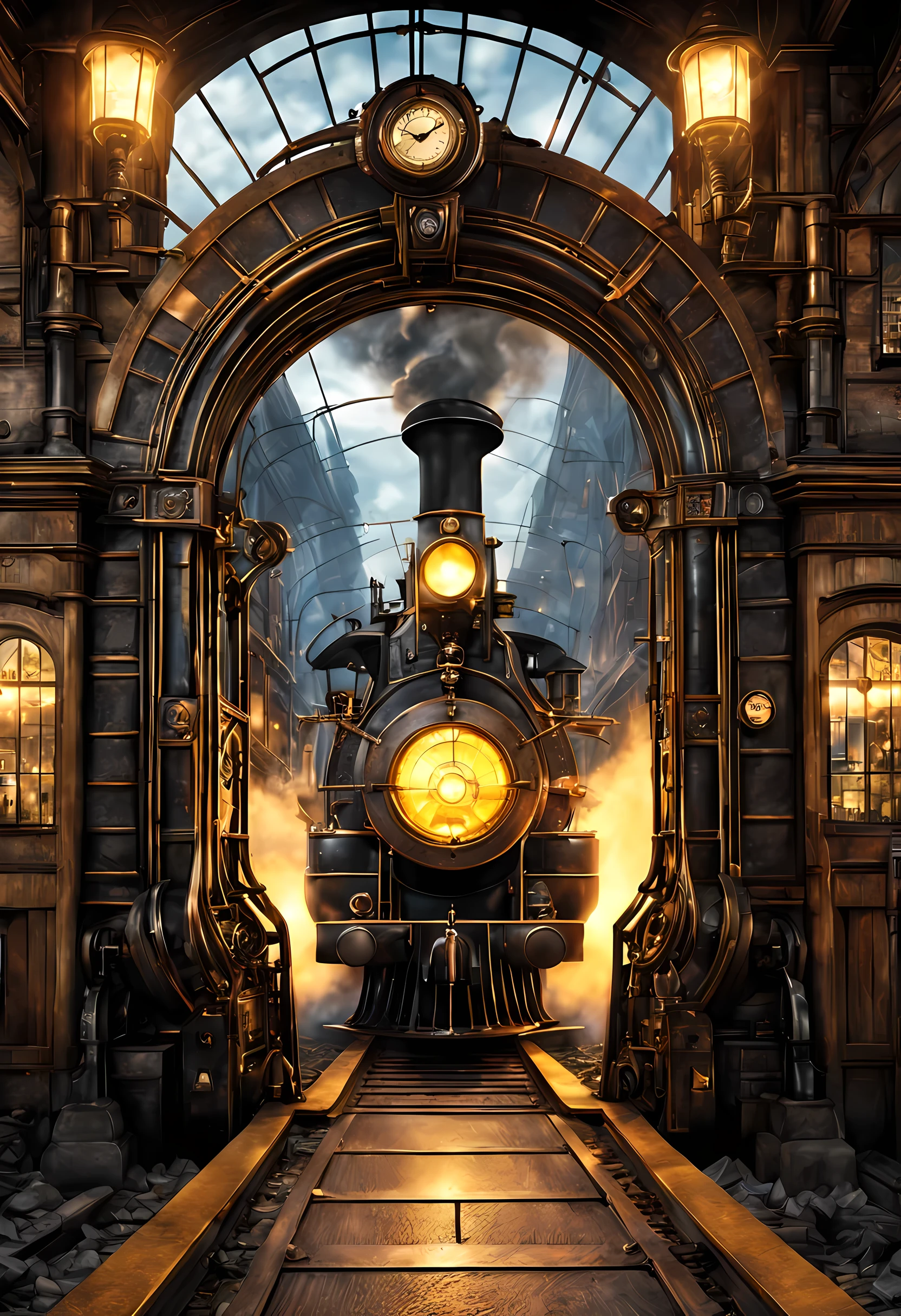 steampunk art picture, wide shot,  intense details, highly detailed, photorealistic, best quality, highres,  picture of a round arcane gate opening in the middle of  a steampunk train station, the gate glowing in yellow light gl0w1ngR, the station has a  steampunk black locomotive entering the station,  reflection light, high details, best quality, 16k, [ultra detailed], masterpiece, best quality, (extremely detailed), ultra wide shot, photorealistic, RAW, realistic art,((best quality)), ((masterpiece)), (detailed), perfect face,