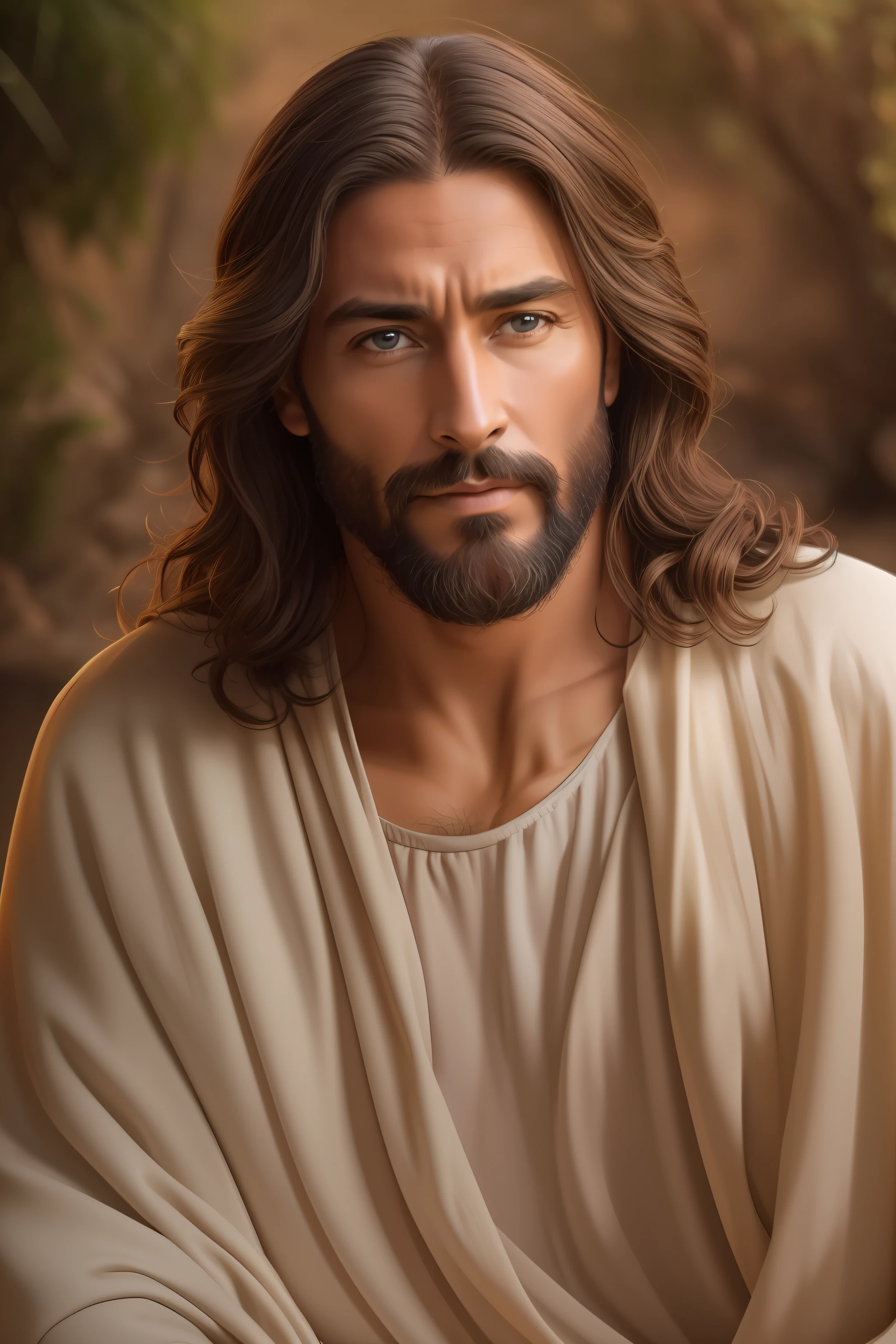 Gere uma imagem de Jesus estilo realista, The paradise of the celestial background , olhando para frente .com longos cabelos castanhos e barba. His eyes are kind and expressive,, garanta que a imagem seja de alta qualidade e rica em detalhes, capturing the essence of Jesus , pele altamente detalhada: 1,2 8K UHD , 20MP, Fujifilm XT3, 80mm