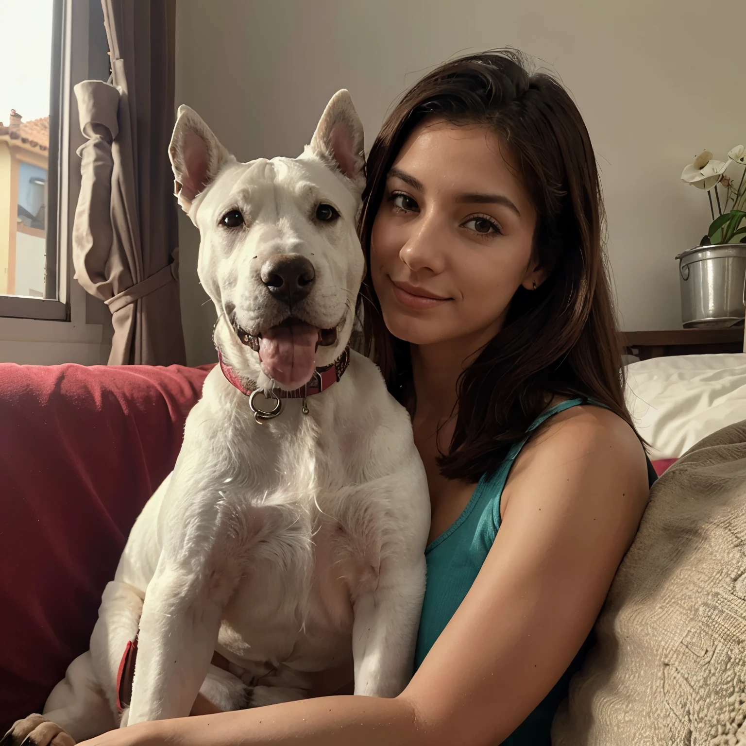 Adolecente con frente alta y su perro un bull terrier ingles